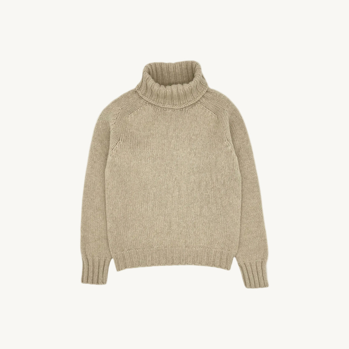 Flatbed photograph of a Bosie Knitwear Big Softy geelong chunky polo neck womens jumper in Oatmeal Beige.