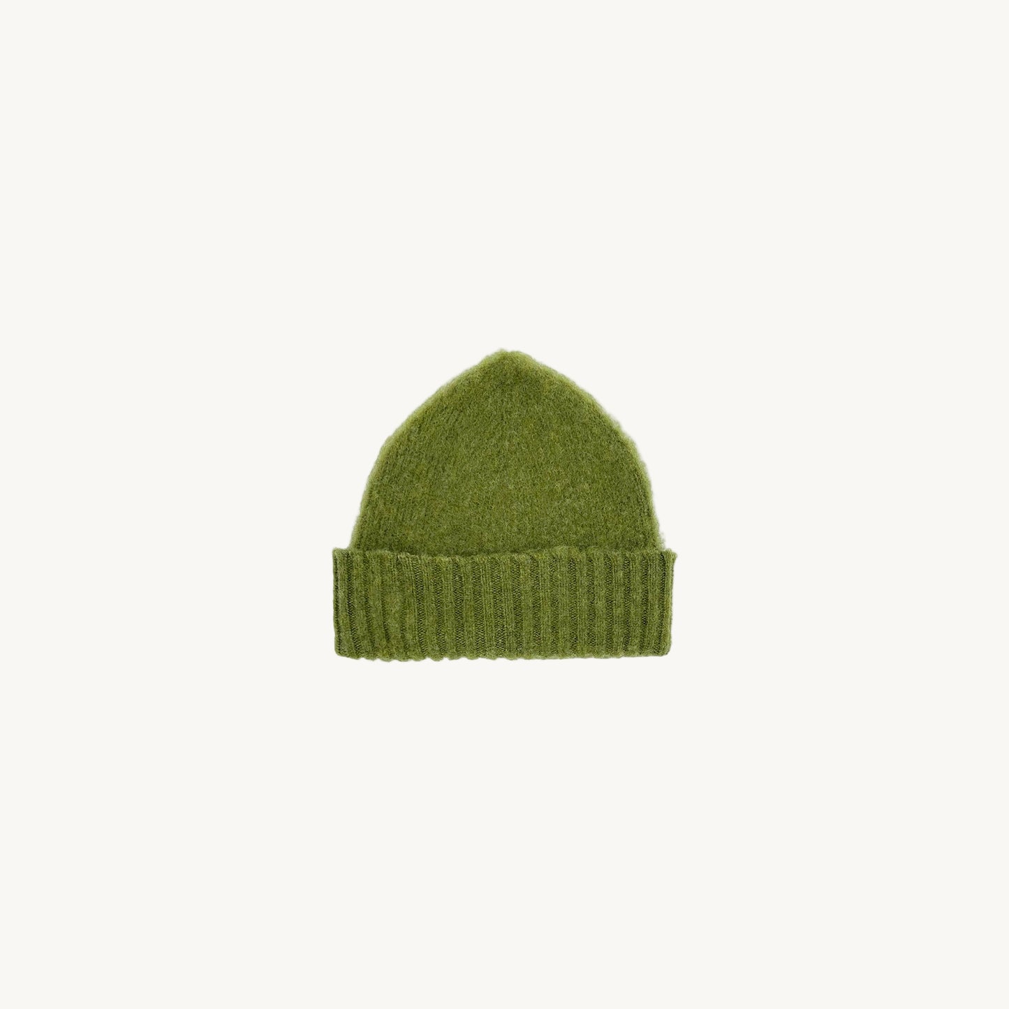 Flat bed photograph of Bosie Brushed Shetland Wool Beanie Hat in the colour Olive Grove Green.