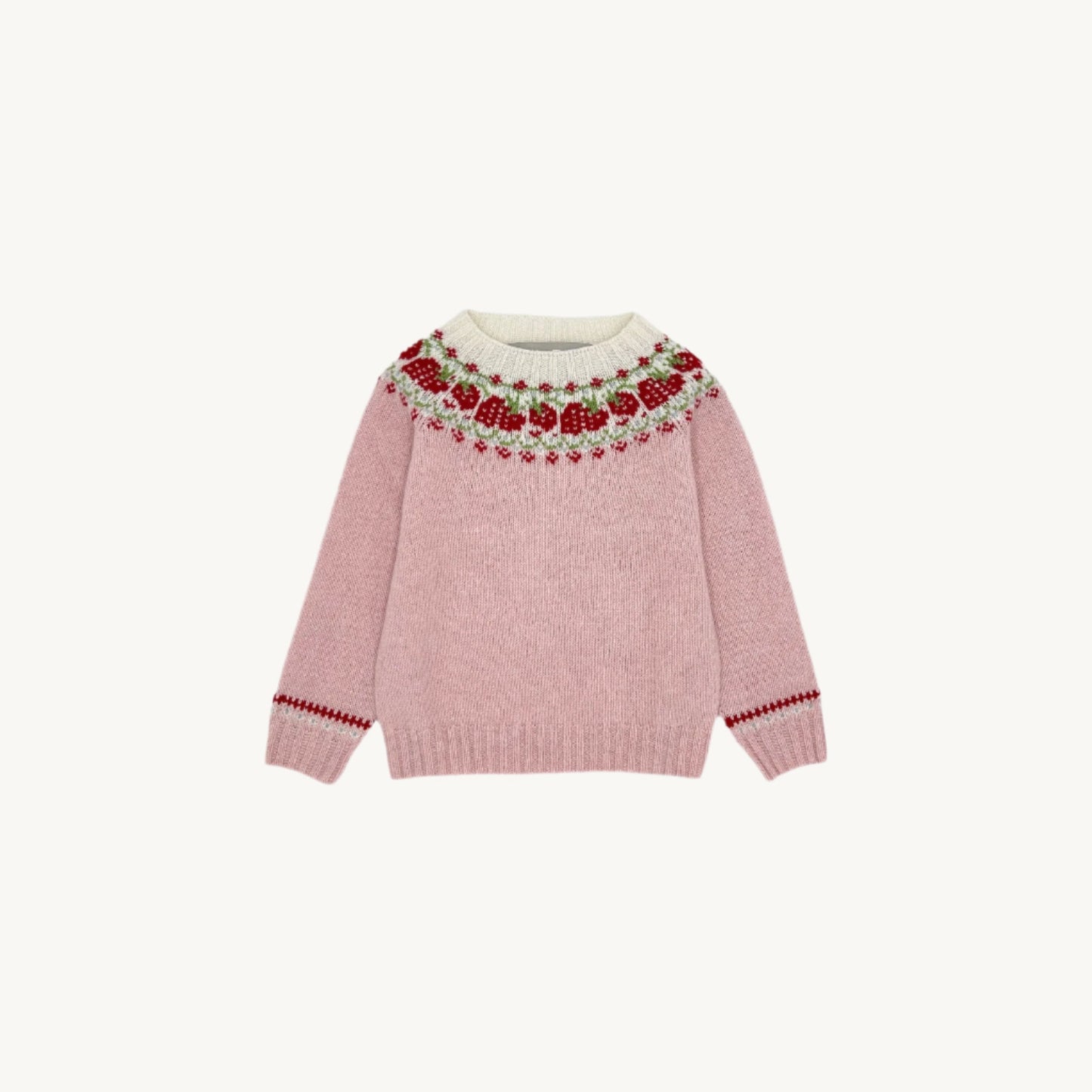 Flatbed Photograph of a Little Bosie girl's strawberries fairisle yoke geelong soft pink lambswool sweater jumper