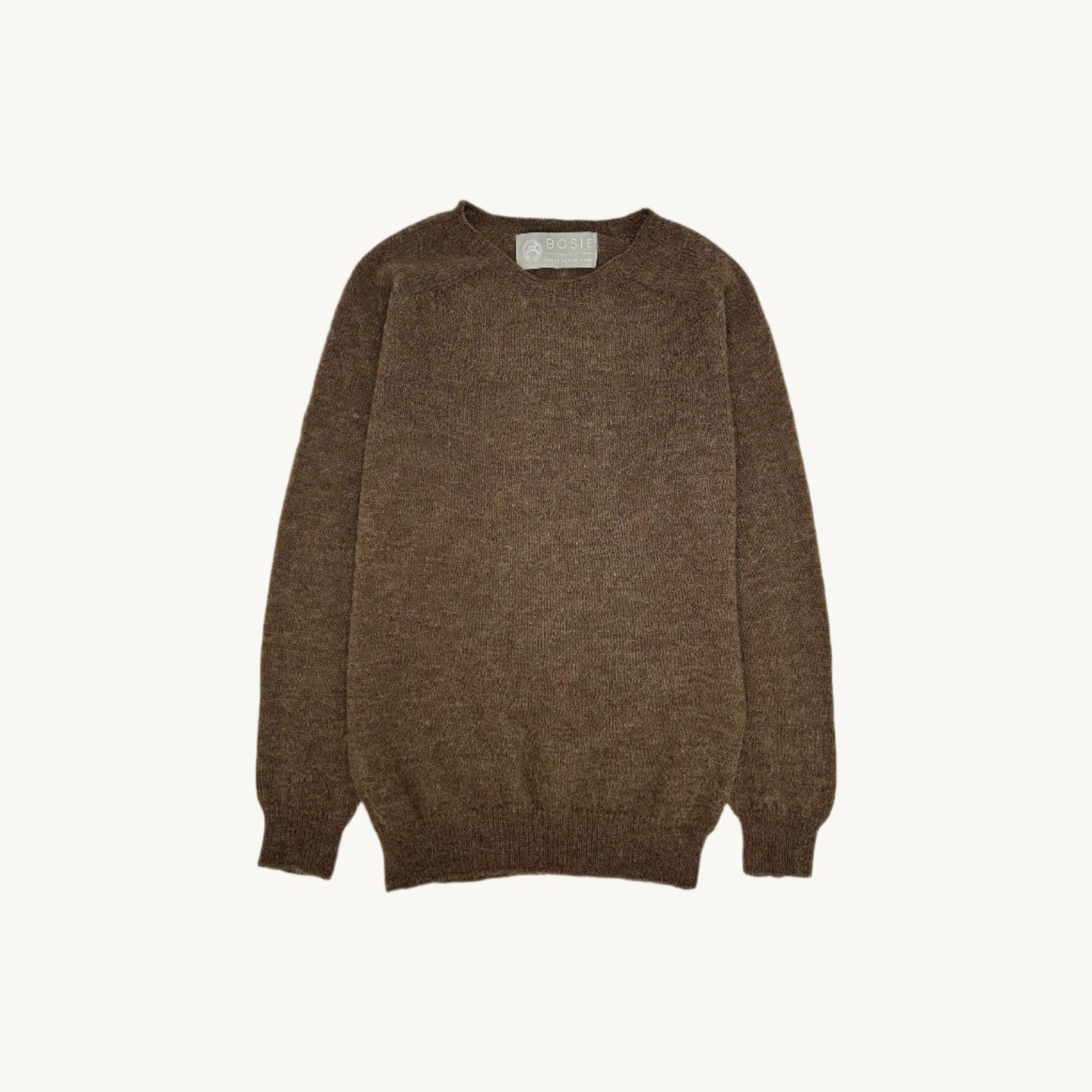 Flatbed Photograph of a Bosie Knitwear Harley of Scotland undyed seamless saddle shoulder men's Everest 1 ply Voe True Shetland sweater jumper in Moorit Brown