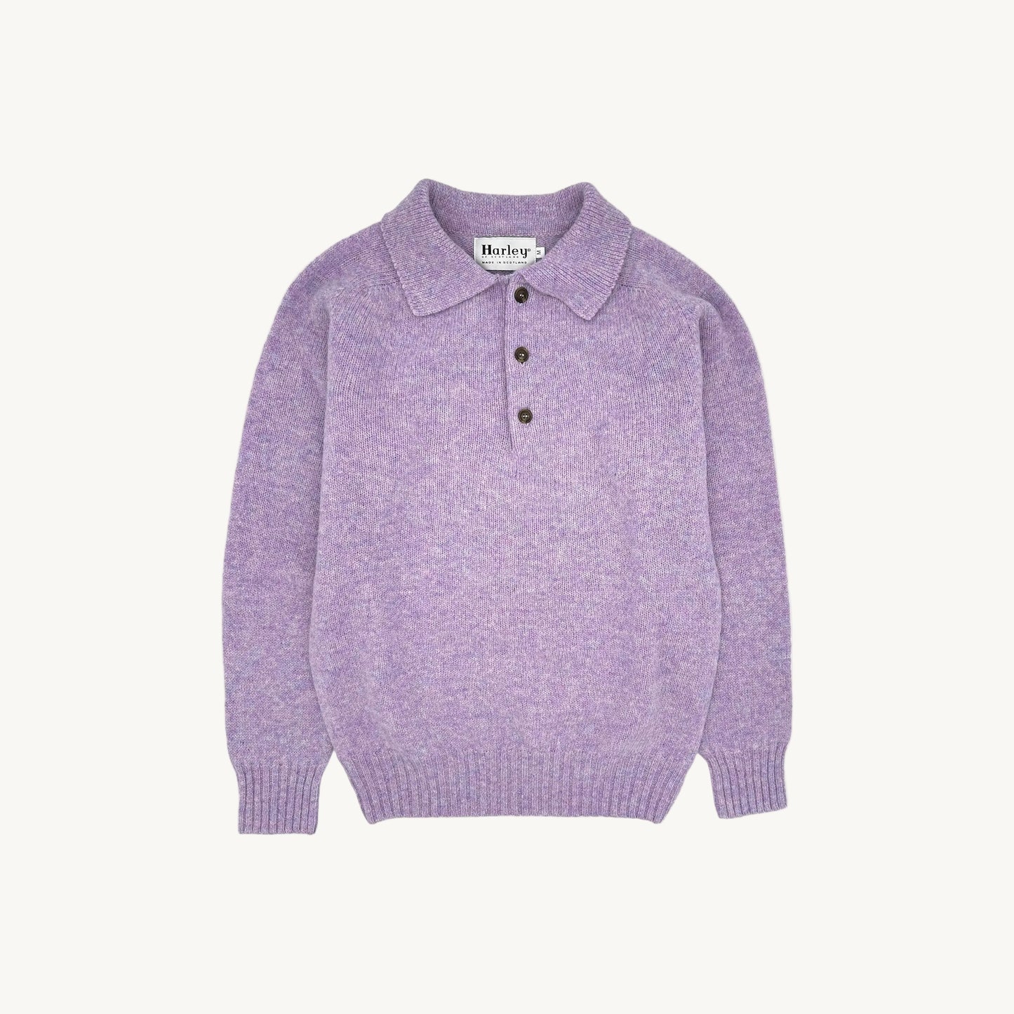 Flatbed photograph of harley of scotland mens shetland eton collar sweater in Confetti Lilac.