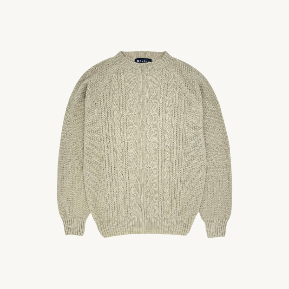 Flatbed photograph of a Bosie Knitwear Harley x Todd and Duncan Pure Cashmere Cable Sweater
