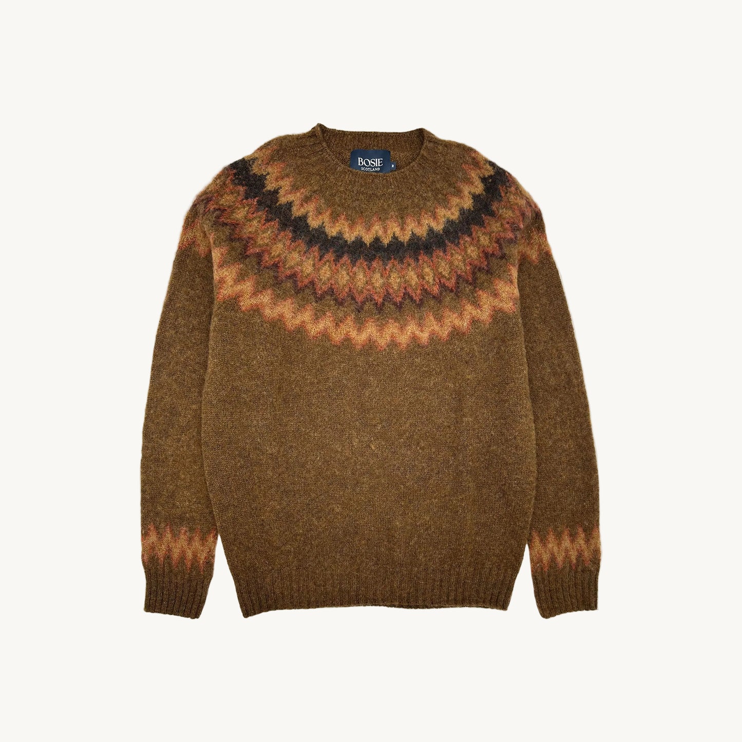 Flatbed photograph of a Glacier Yoke Brushed Fair Isle Men's Sweater in colour Dark Olive by Bosie.