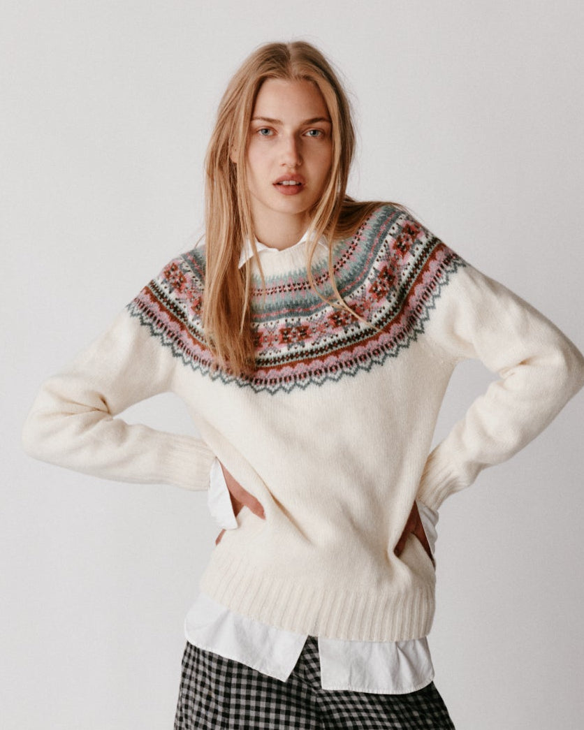 Model wearing the Bosie Sorcha Yoke Fair Isle Women's Sweater in White – seamless, seam-free pure wool, knitted in Scotland by Harley of Scotland for Bosie Knitwear