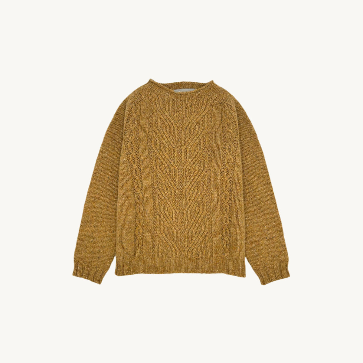 Flatbed Photograph of a Bosie women's Glenugie Nep Braid cable stitch effect sweater jumper in barra gold