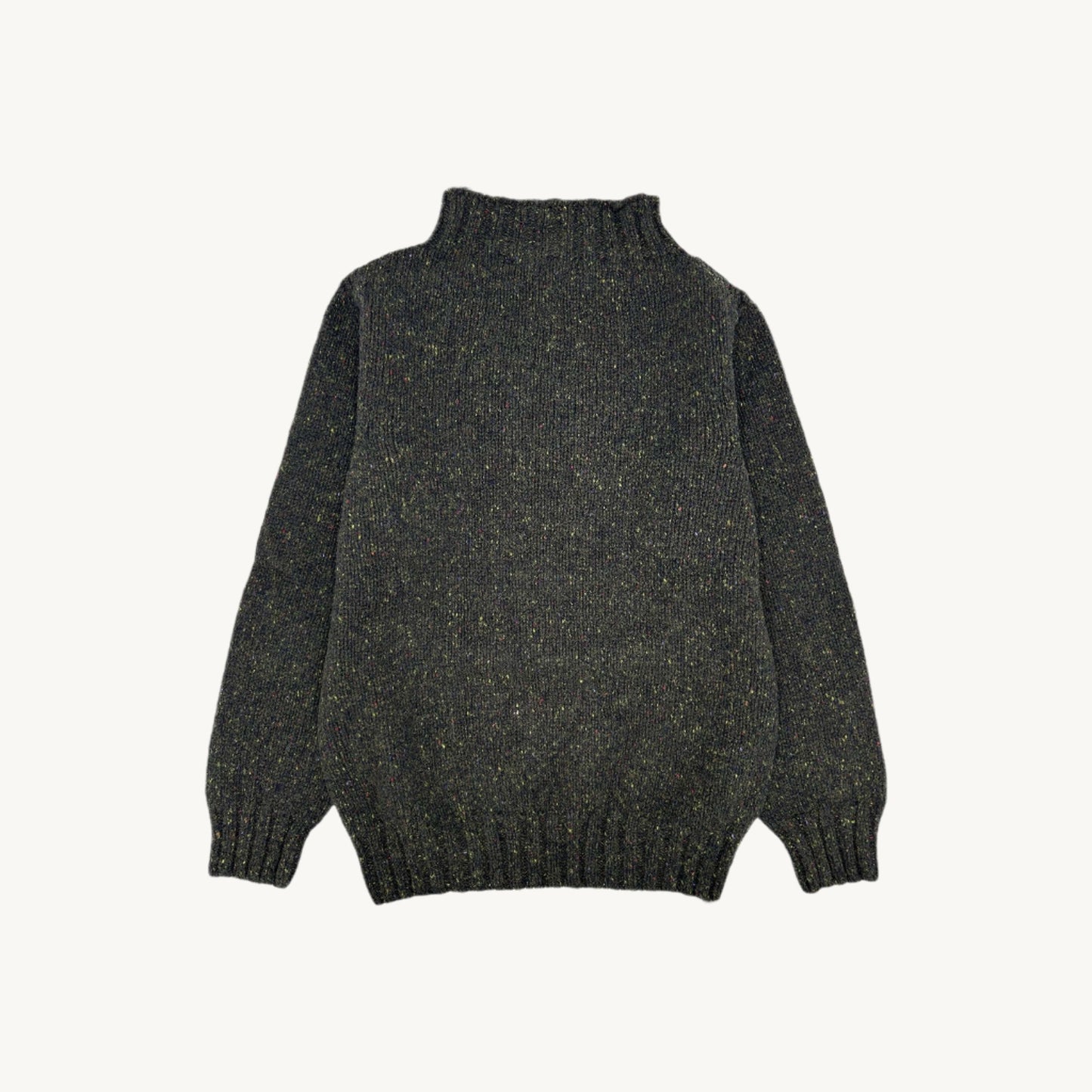 Flatbed Photograph of a Blue Mogganer Lighthouse Chunky Glenugie Nep Sweater in Harris Green by Bosie Knitwear