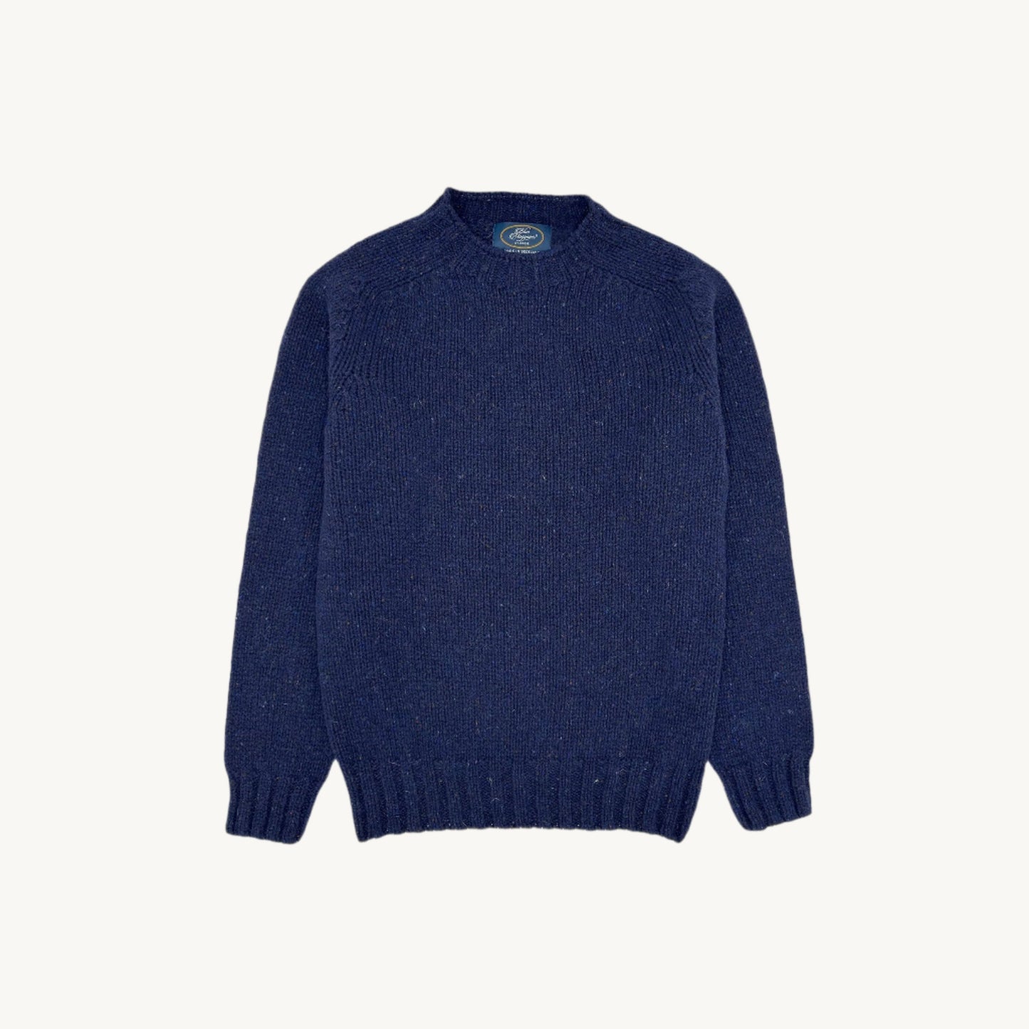 Flatbed Photograph of a Blue Mogganer Trawlerman Chunky Glenugie Nep Sweater in Jura Navy by Bosie Knitwear