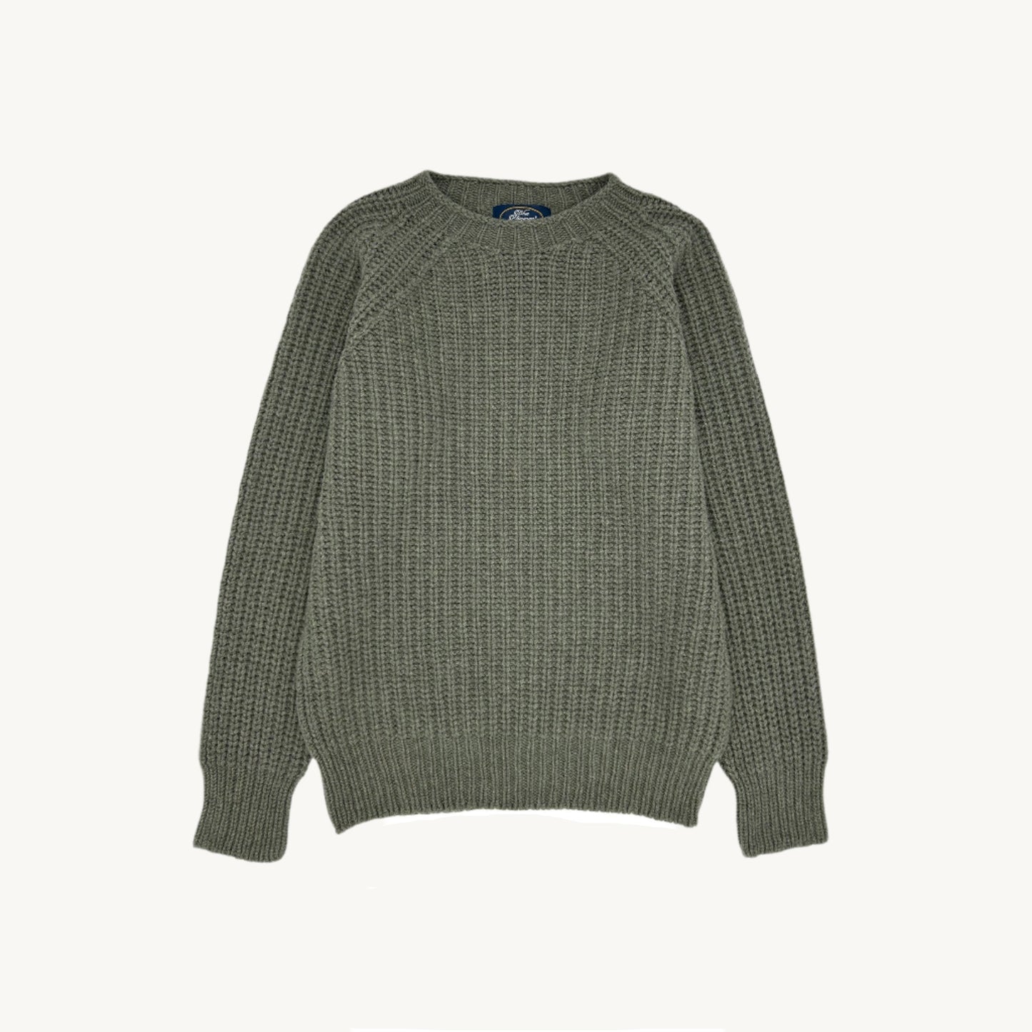 Flatbed Photograph of a Blue Mogganer Fisherman Ribbed Raglan Chunky Geelong Sweater in Moss Green by Bosie Knitwear