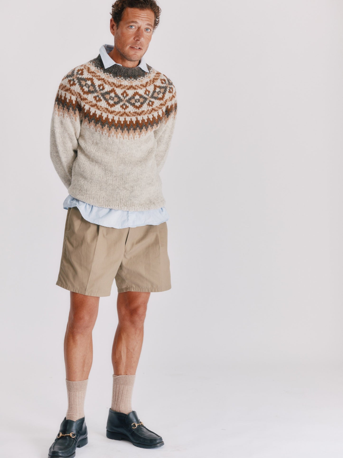 Man wearing a Blue Mogganer Northeaster Fairisle Yoke Chunky Ecology British Wool in Portland Natural by Bosie Knitwear