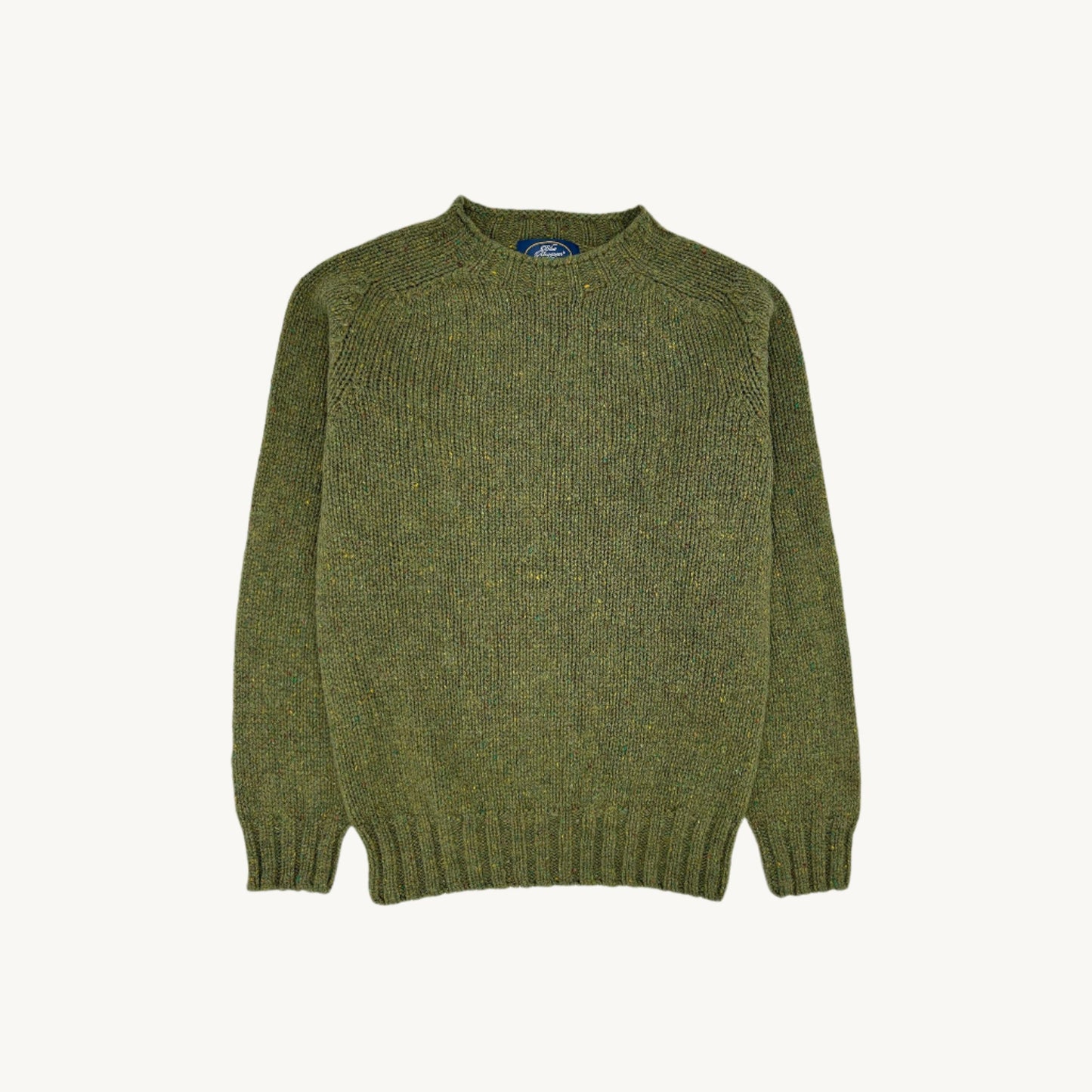 Flatbed Photograph of a Blue Mogganer Trawlerman Chunky Glenugie Nep Sweater in Raasay Green by Bosie Knitwear