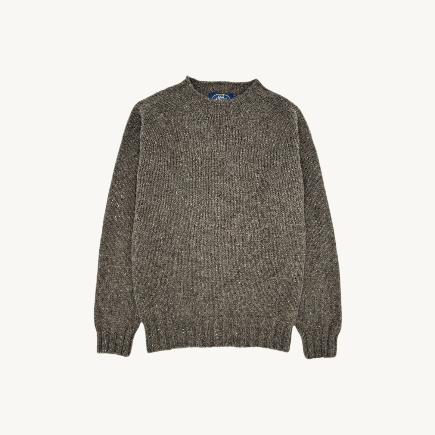 Flatbed Photograph of a Blue Mogganer Trawlerman Chunky Glenugie Nep Sweater in Staffa Brown by Bosie Knitwear