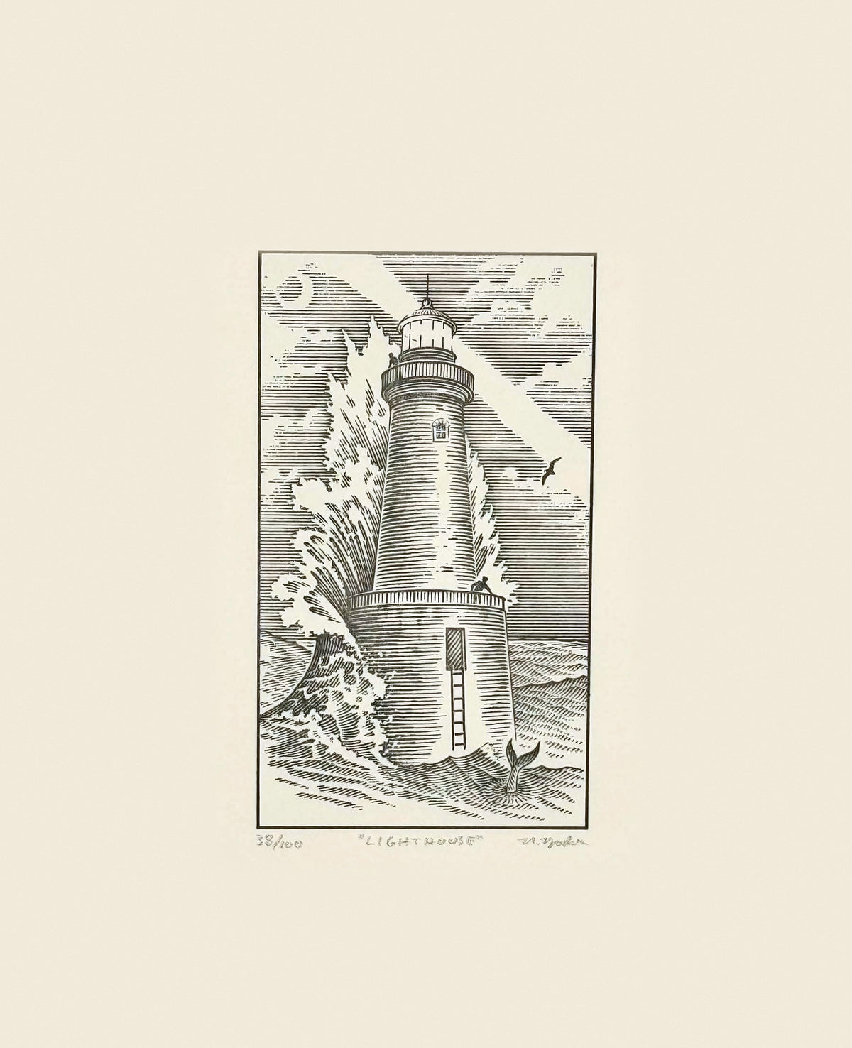 The Lighthouse: hand-pressed print of Nathan Yoder's hand-drawn lighthouse in a North Sea storm, titled, numbered and signed in pencil, limited edition of 100 by Bosie Knitwear