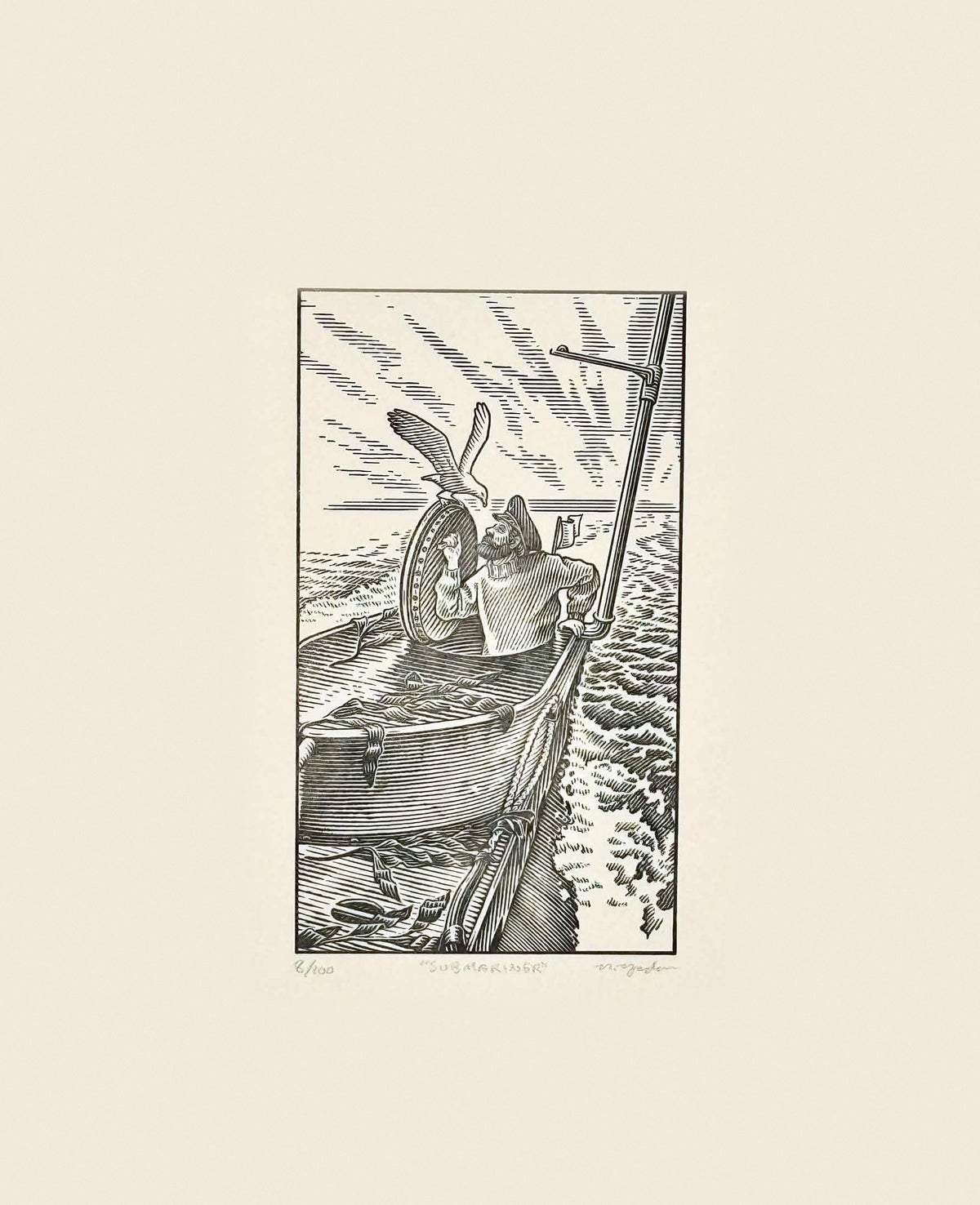The Submariner: hand-pressed print of Nathan Yoder's hand-drawn sailor in a polo neck opening a hatch to a gull, titled, numbered and signed in pencil, limited edition of 100 by Bosie Knitwear