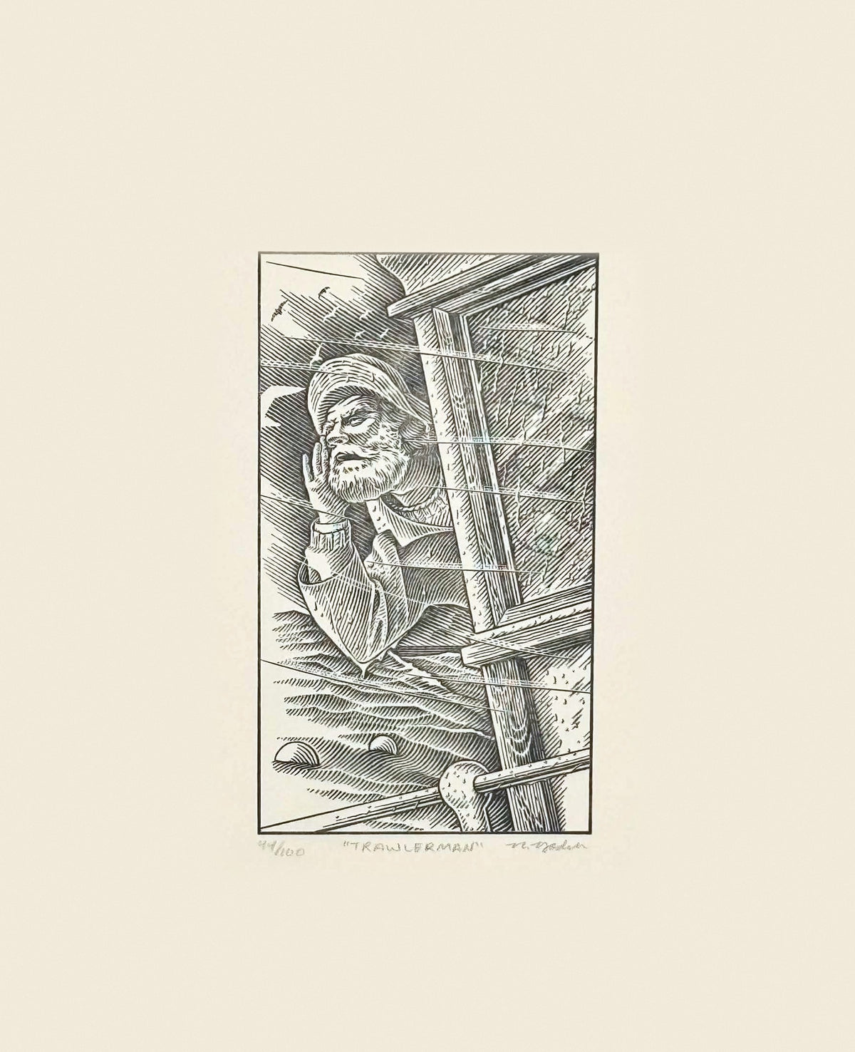 The Trawlerman: hand-pressed print of Nathan Yoder's hand-drawn North Sea trawlerman at the wheelhouse window, titled, numbered and signed in pencil, limited edition of 100 by Bosie Knitwear