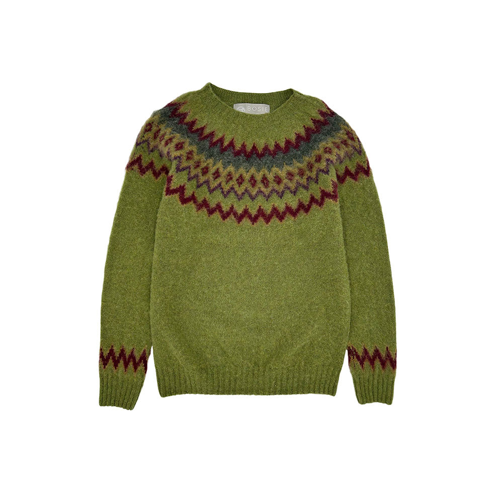 Flatbed Photograph of a Bosie Knitwear Blue Mogganer Olive Grove Green Glacier brushed Nordic Fairisle Lambswool Sweater Jumper