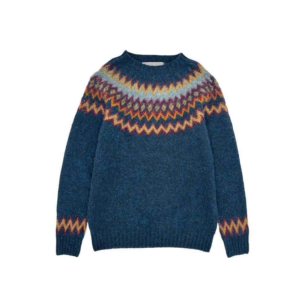 Flatbed Photograph of a Bosie Knitwear Blue Mogganer Petrel Dark Teal Glacier brushed Nordic Fairisle Lambswool Sweater Jumper