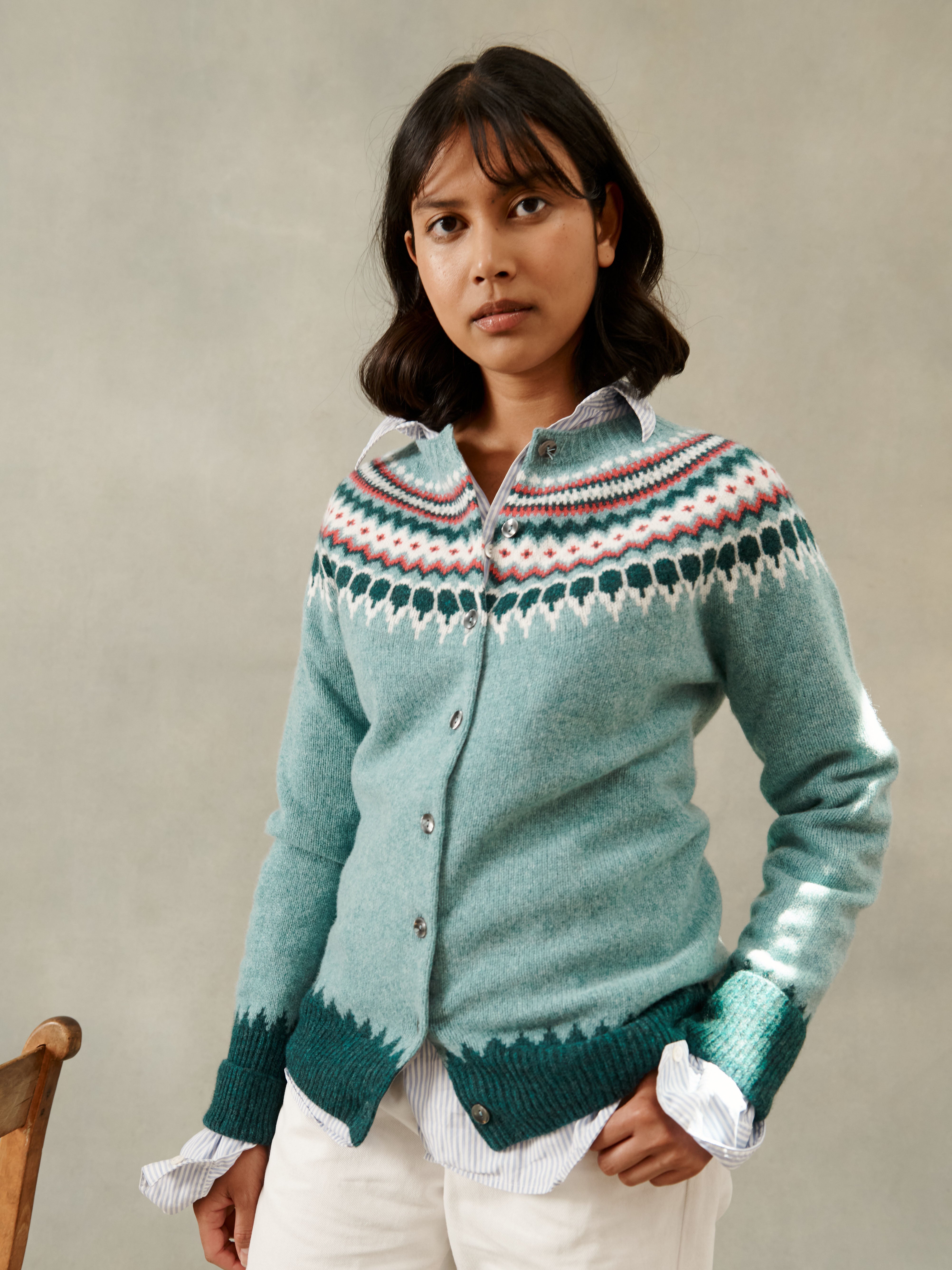 An image of Astrid Fair Isle Geelong Women's Cardigan - Oribe Green-Blue - Oribe Green-Blue ...