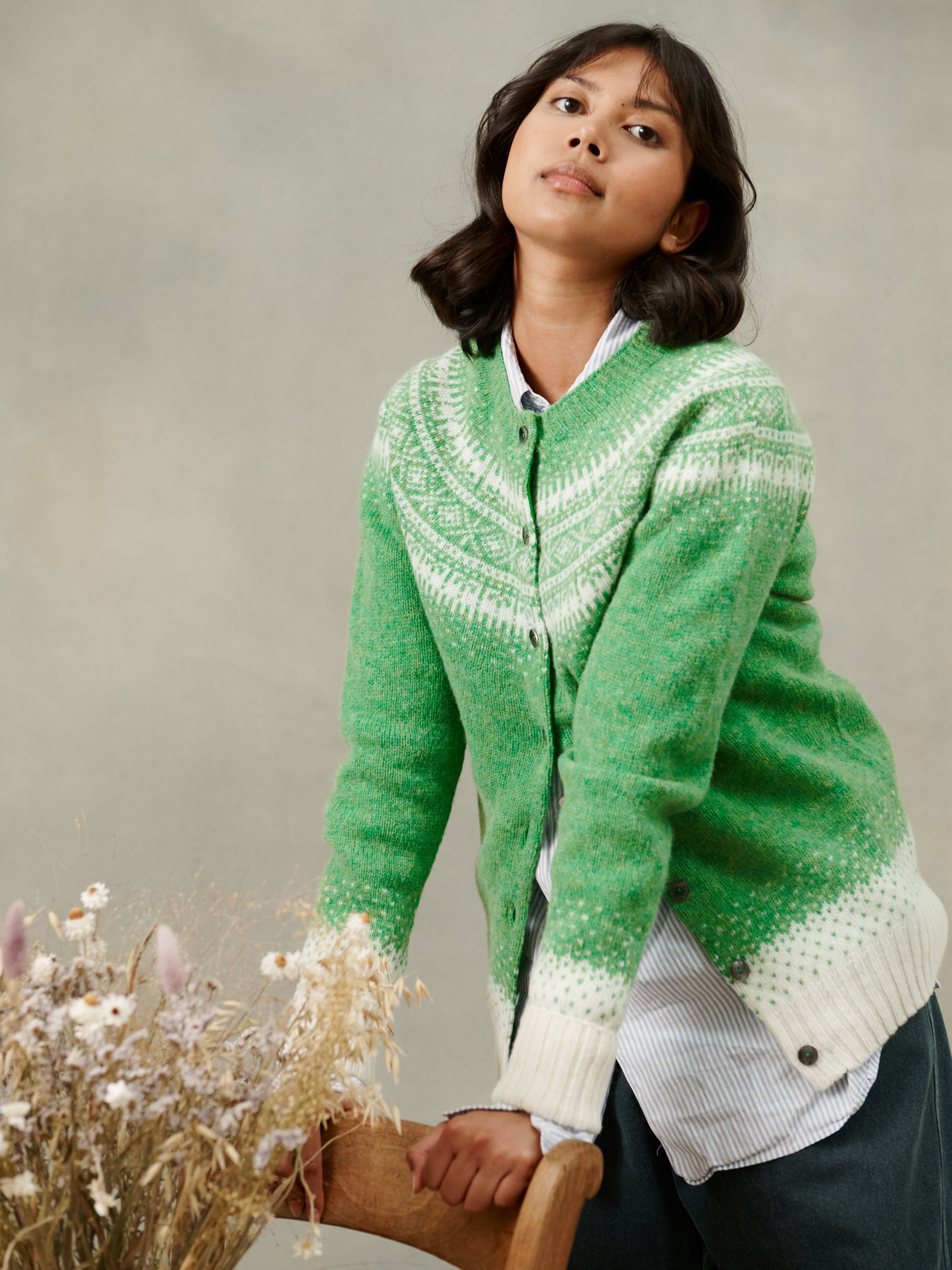 An image of Fall Yoke Fair Isle Women's Cardigan - Mint Green - Mint Green / S