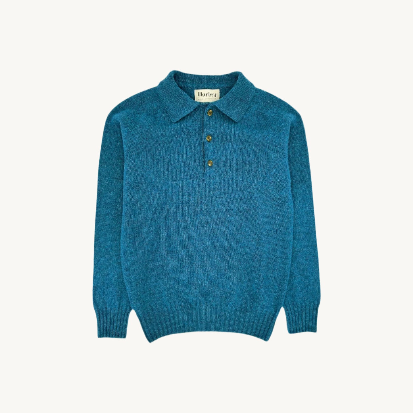 Flatbed Photograph of a Bosie Knitwear Harley of Scotland seamless saddle shoulder men's Eton Collar_Shetland sweater jumper in Atlantic Spray Blue