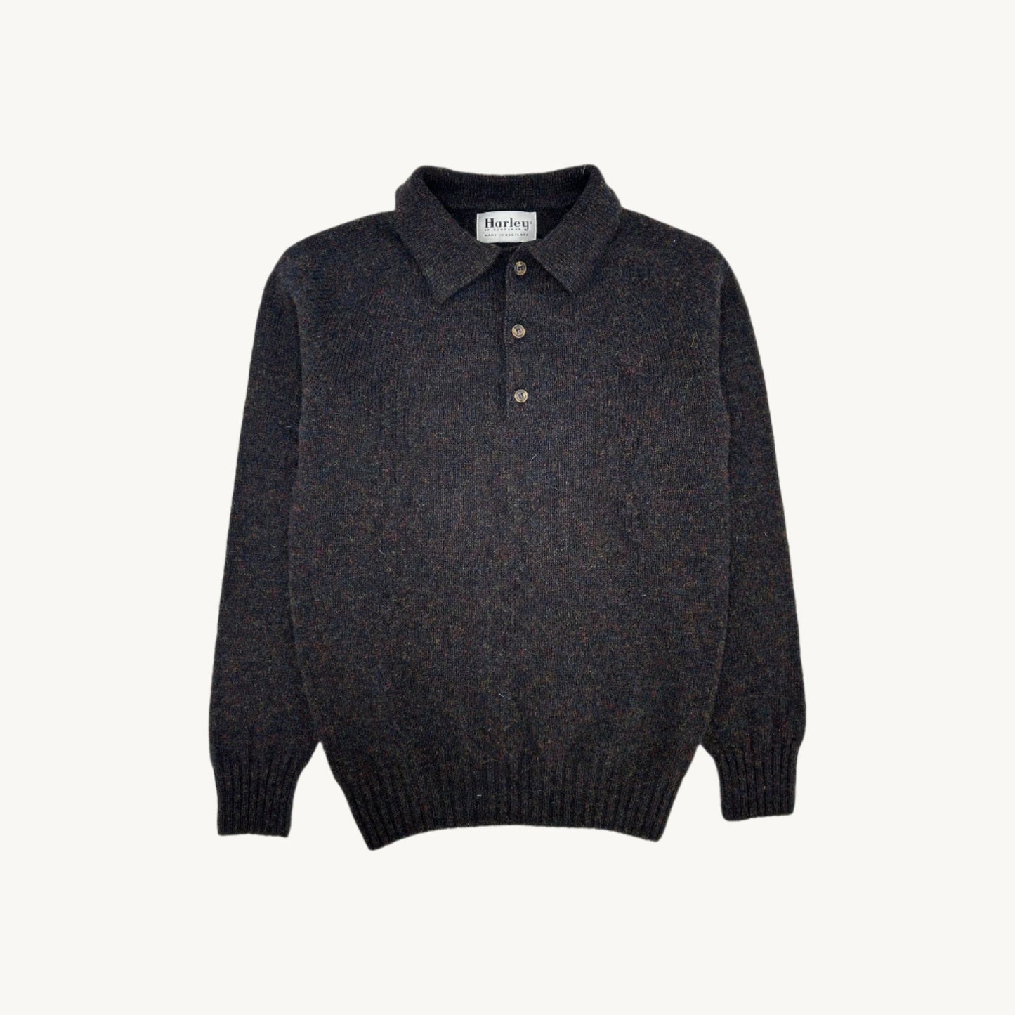 Flatbed Photograph of a Bosie Knitwear Harley of Scotland seamless saddle shoulder men's Eton Collar_Shetland sweater jumper in Midnight Black