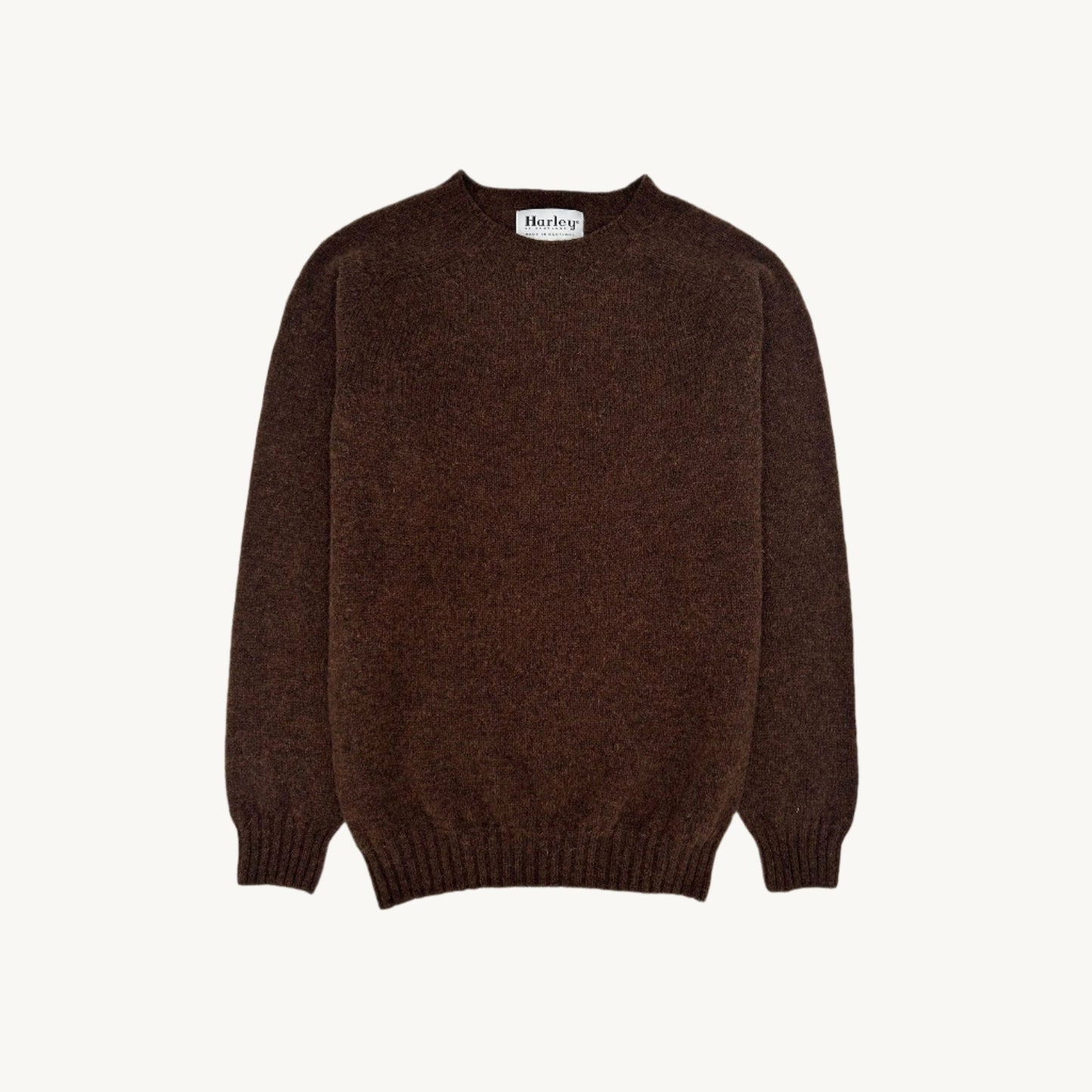 Flatbed Photograph of a Bosie Knitwear Harley of Scotland seamless saddle shoulder men's Shetland sweater jumper in Coffee Dark Brown