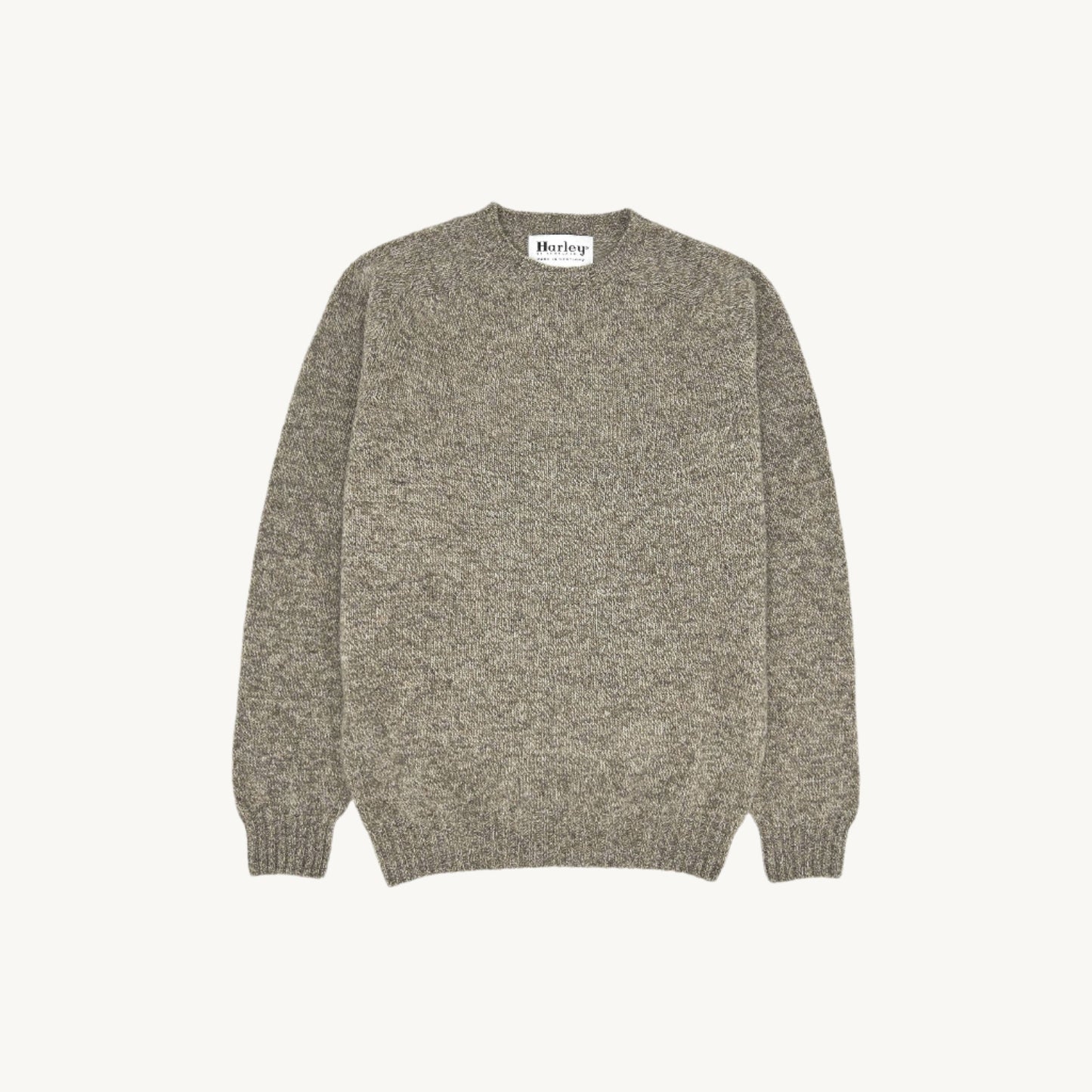 Flatbed Photograph of a Bosie Knitwear Harley of Scotland seamless saddle shoulder men's Shetland sweater jumper in Mushroom BrownScotland shetland