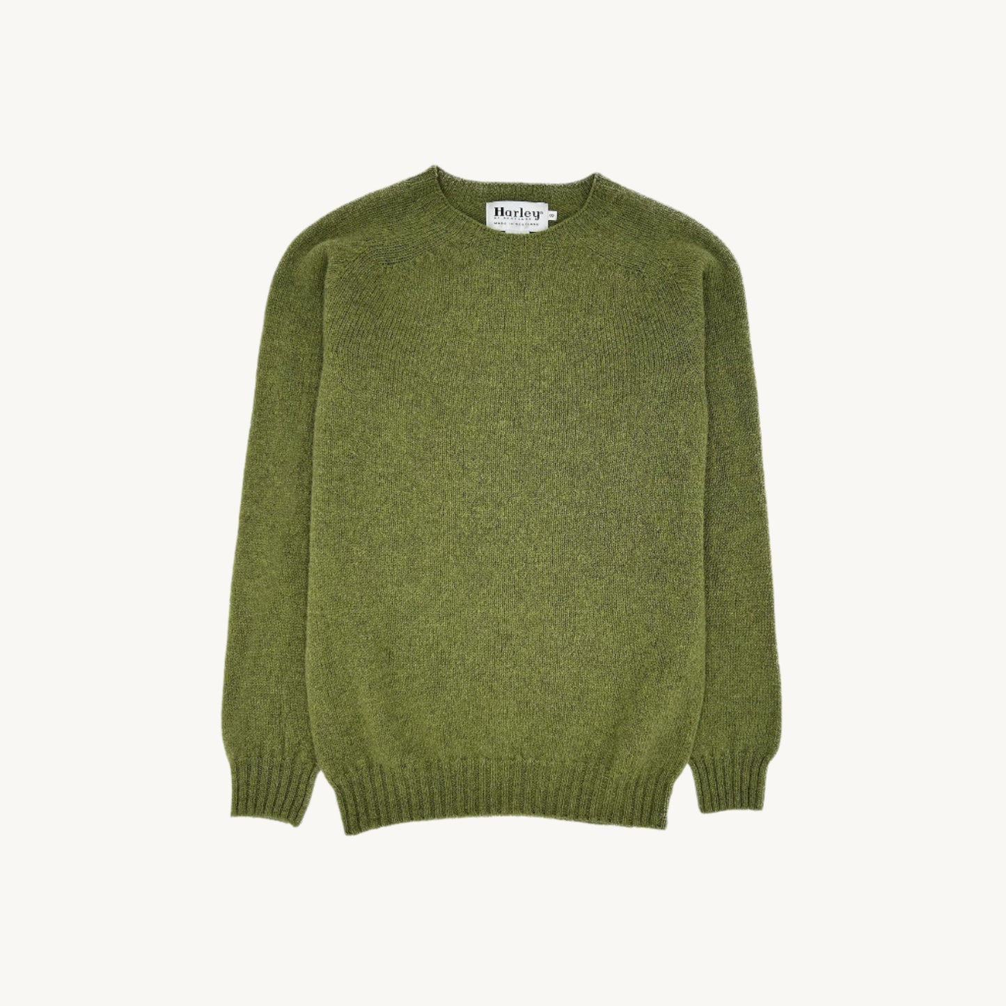 Flatbed Photograph of a Bosie Knitwear Harley of Scotland seamless saddle shoulder men's Shetland sweater jumper in Olive Grove Green