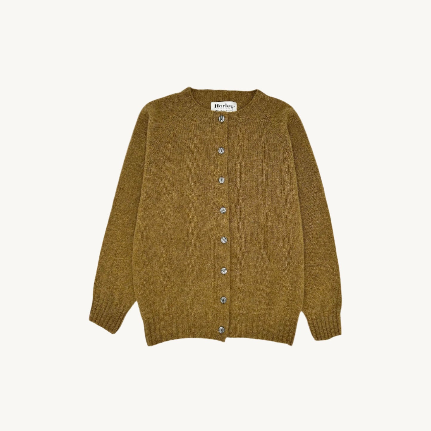 Flatbed Photograph of a Bosie Knitwear Harley of Scotland seamless saddle shoulder women's Shetland Cardigan in Asparagus Brown