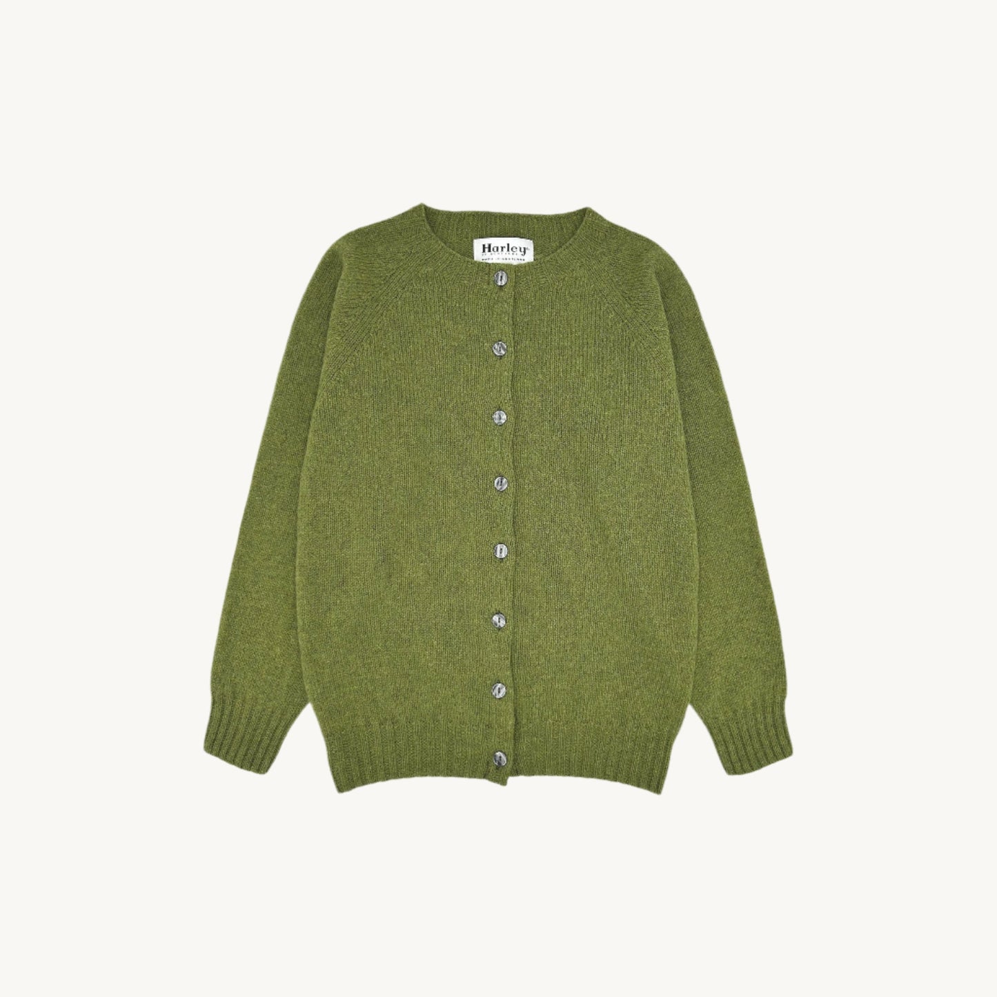 Flatbed Photograph of a Bosie Knitwear Harley of Scotland seamless saddle shoulder women's Shetland Cardigan in Olive Grove