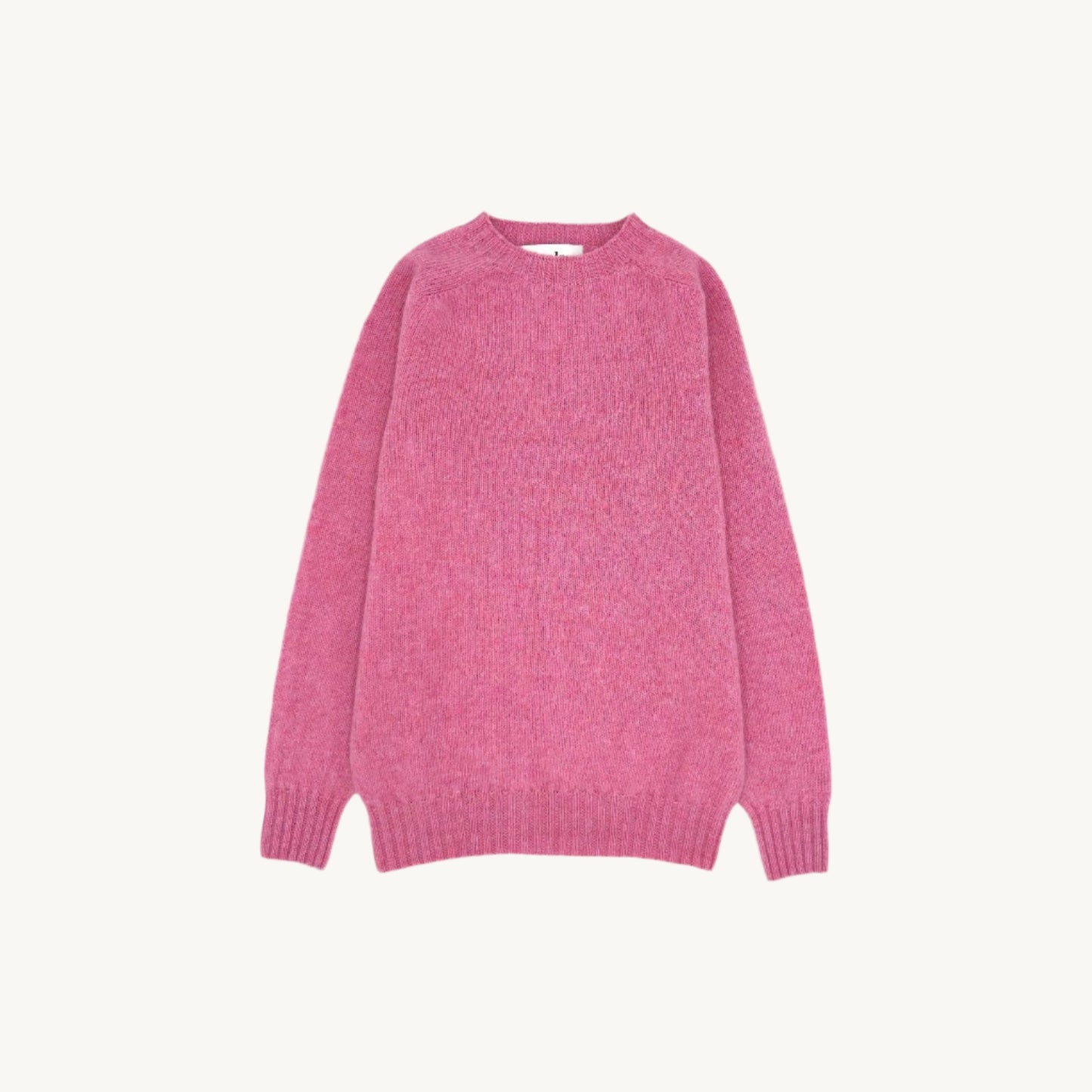 Flatbed Photograph of a Bosie Knitwear Harley of Scotland seamless saddle shoulder women's Shetland sweater jumper in Bosie Pink