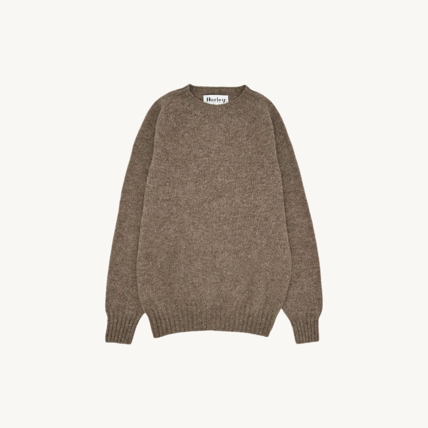Flatbed Photograph of a Bosie Knitwear Harley of Scotland seamless saddle shoulder women's Shetland sweater jumper in Nutmeg Brown