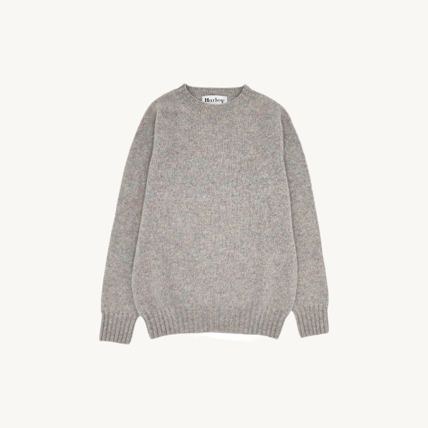 Flatbed Photograph of a Bosie Knitwear Harley of Scotland seamless saddle shoulder women's Shetland sweater jumper in Ugie Pearl