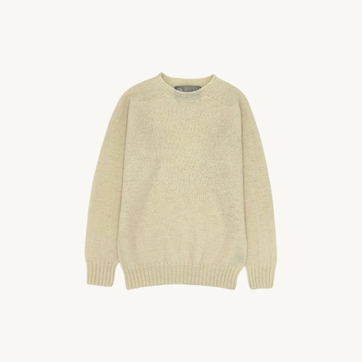 Flatbed Photograph of a Bosie Knitwear Harley of Scotland undyed seamless saddle shoulder men's Sherpa 2 ply Voe True Shetland sweater jumper in Ecru White.