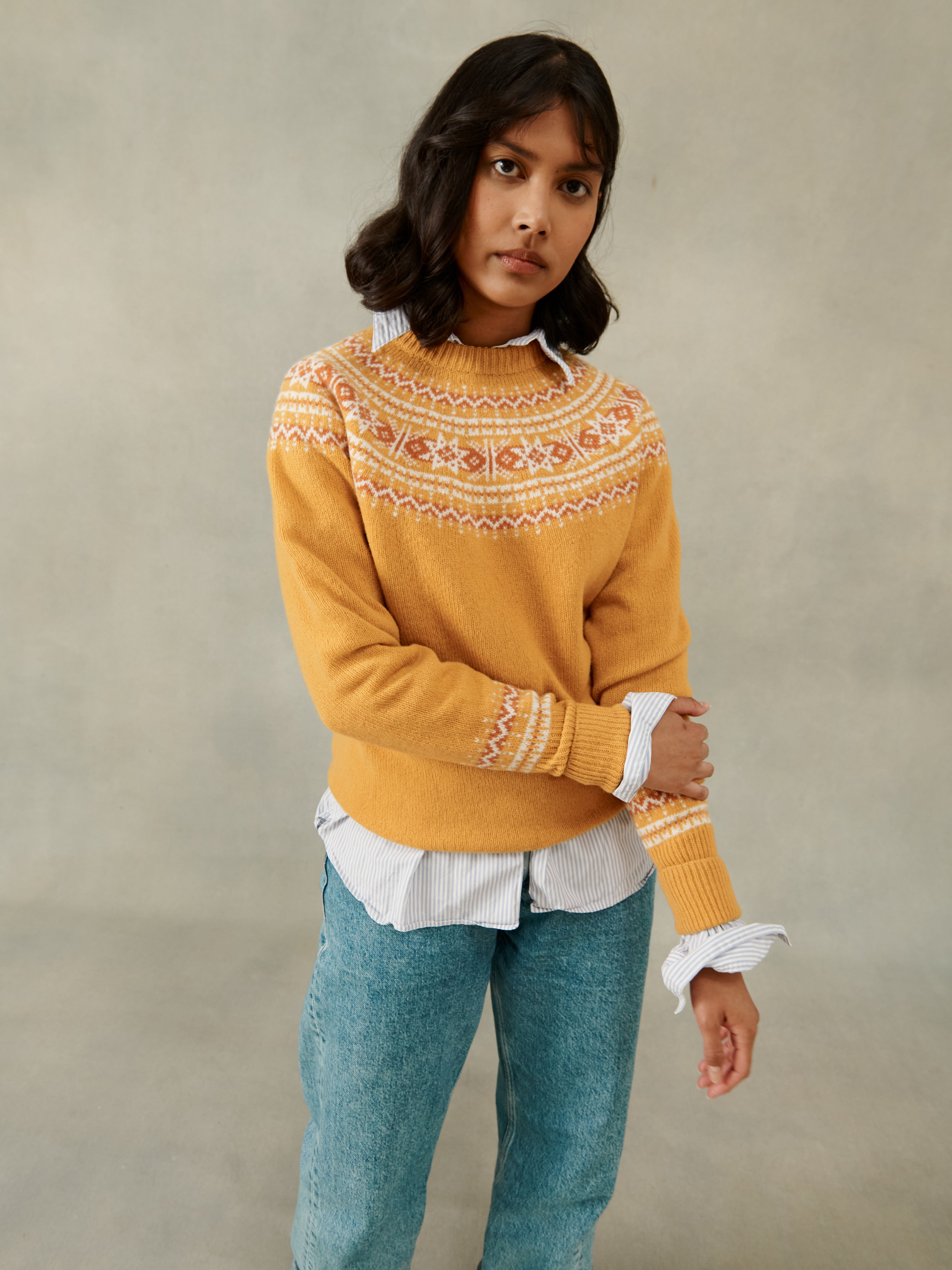 An image of Ingrid Fair Isle Geelong Women's Sweater - Tansy Gold - Tansy Gold / M