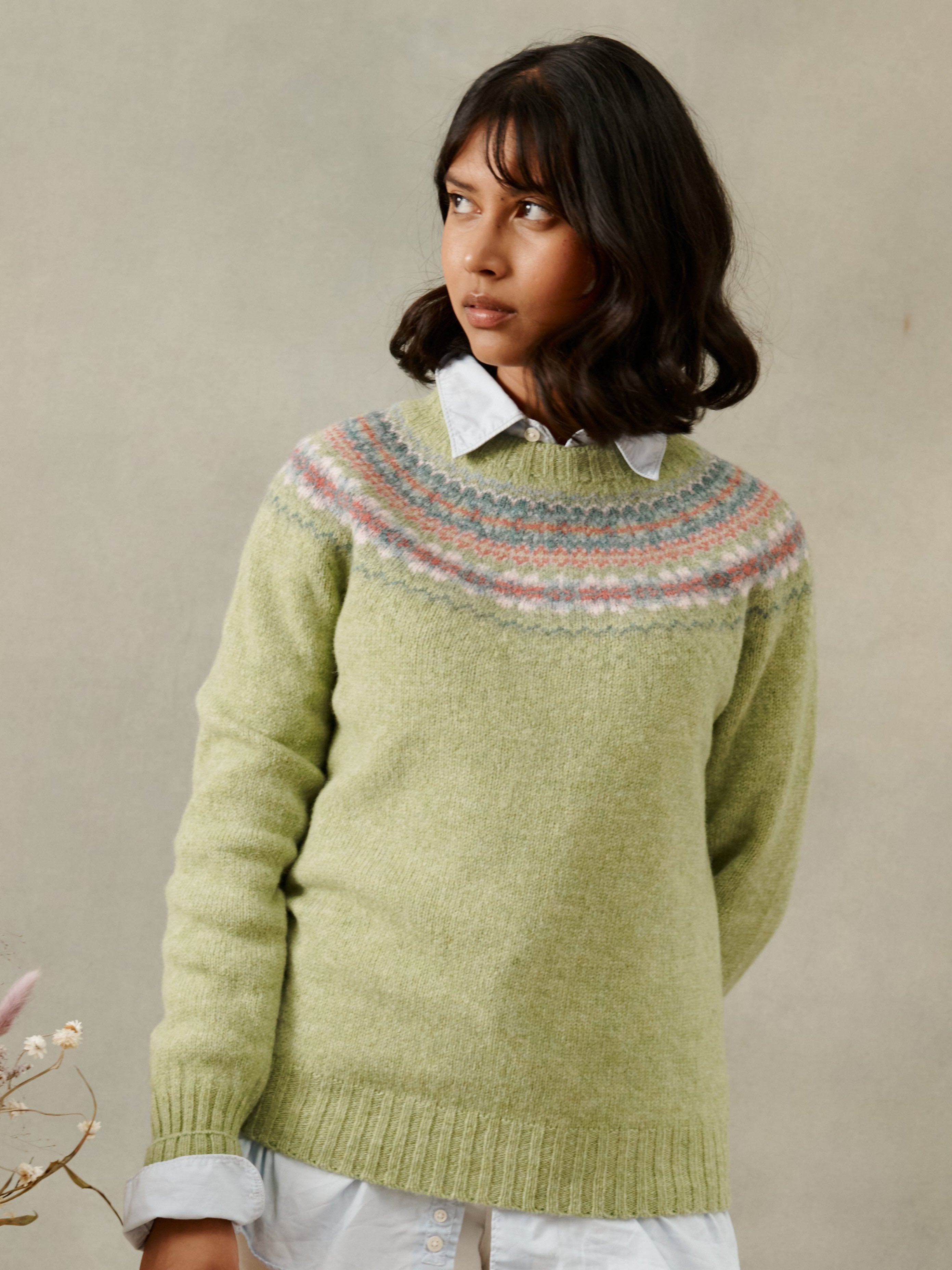 An image of West Coast Yoke Fair Isle Women's Sweater - Spring Meadow Green - Spring Meadow ...