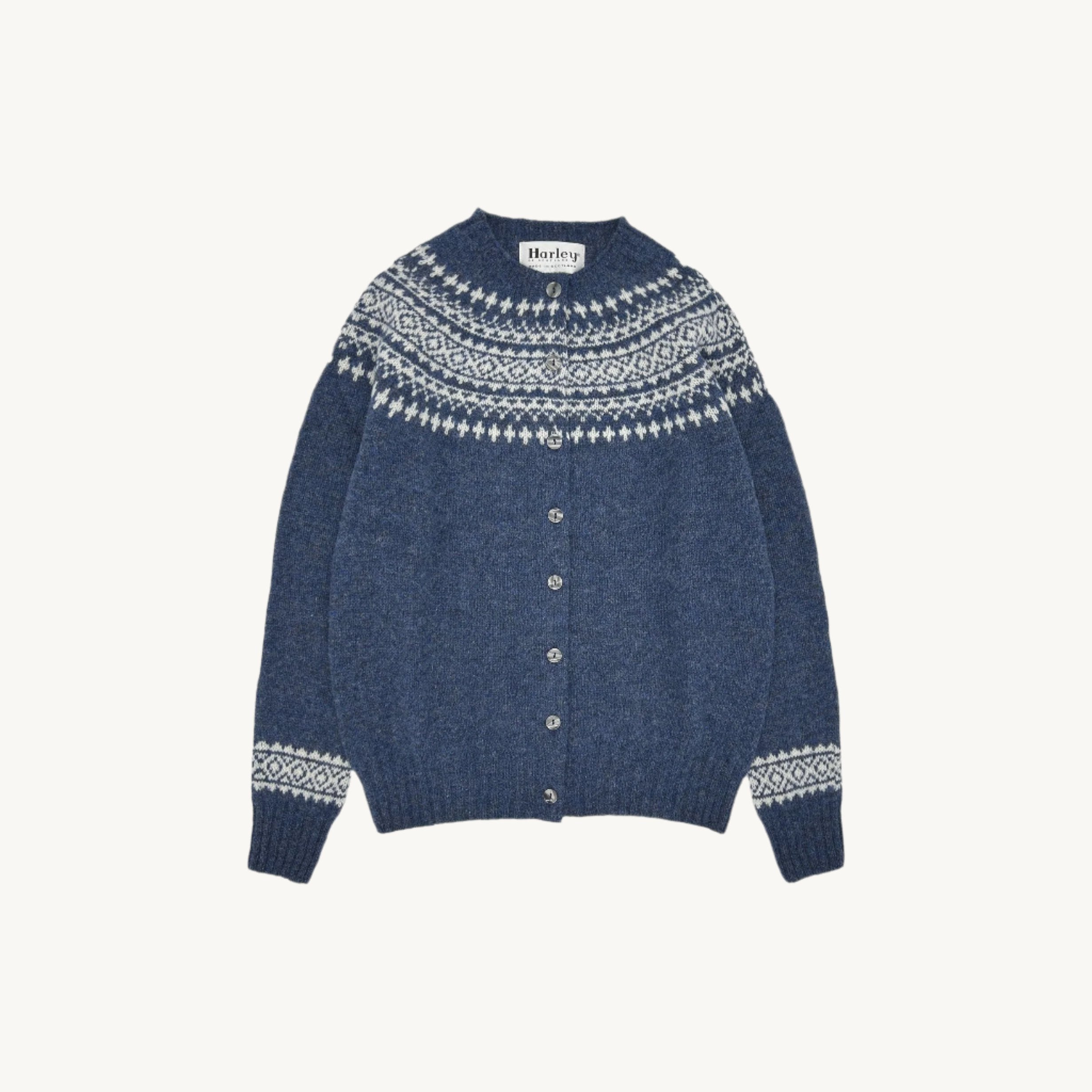 An image of Harley of Scotland Hara Yoke Fair Isle Women's Cardigan - Denim Blue - Denim Blu...