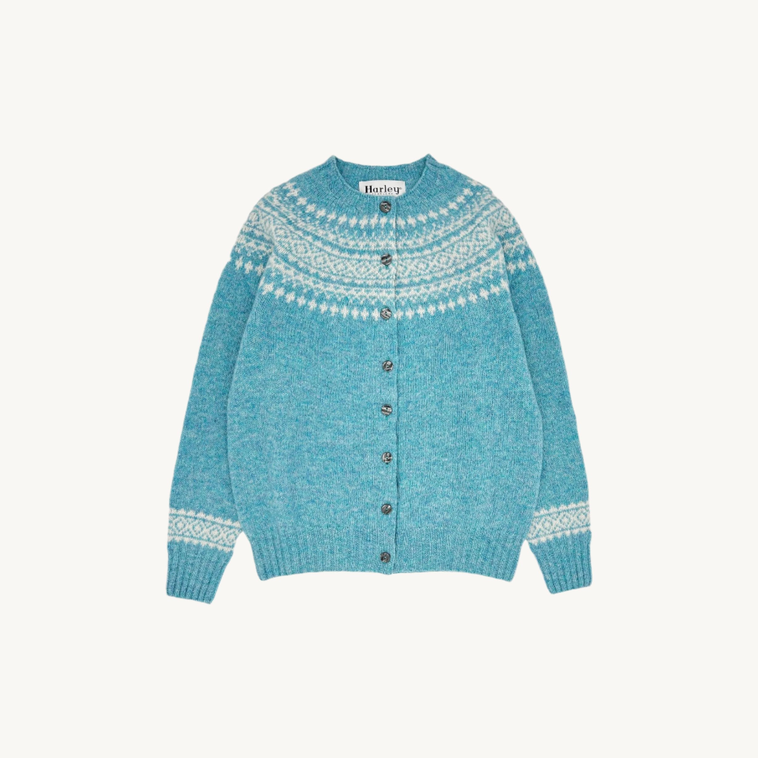 An image of Harley of Scotland Hara Yoke Fair Isle Women's Cardigan - Duck Egg Blue - Duck E...