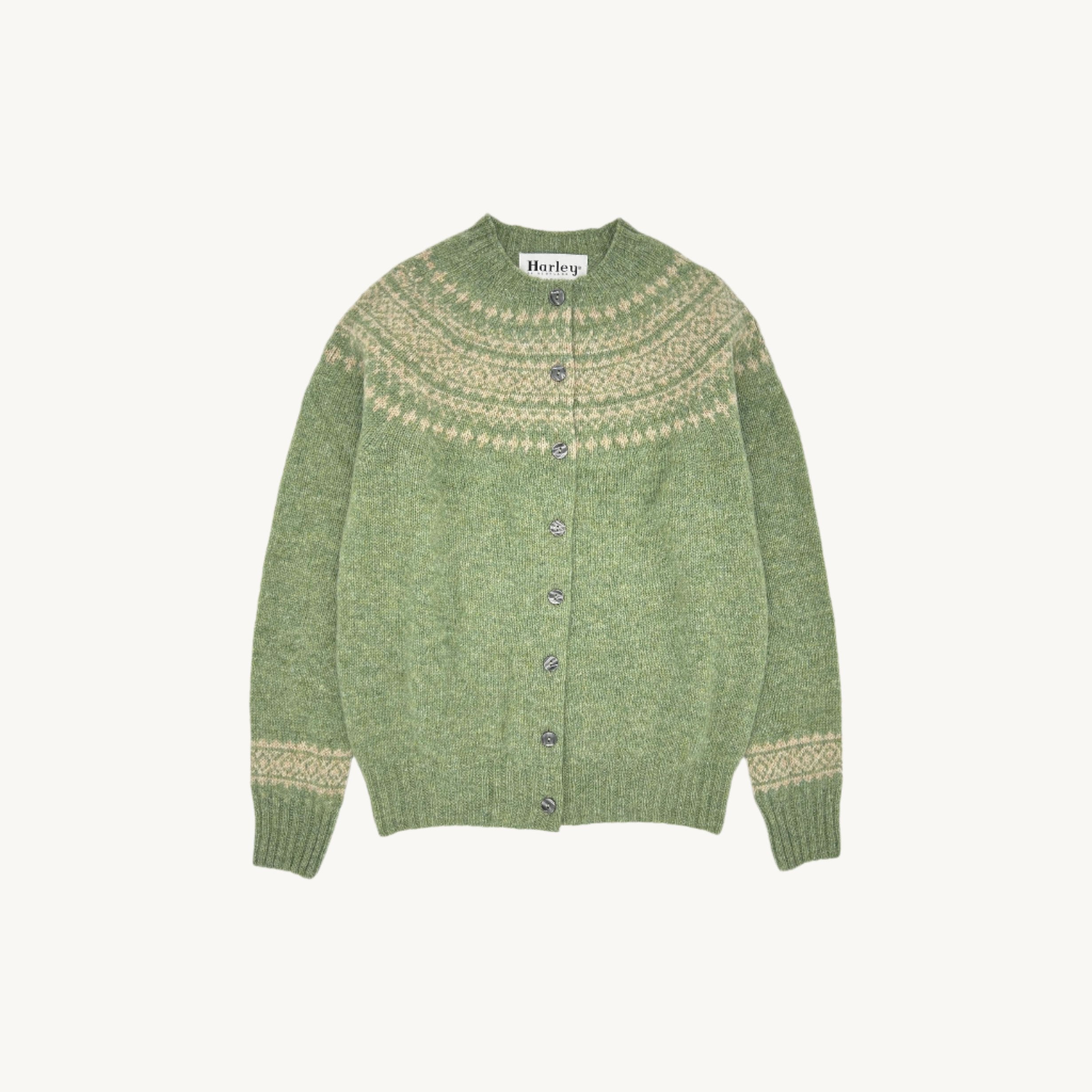 An image of Harley of Scotland Hara Yoke Fair Isle Women's Cardigan - Jade's Dairy Green - J...