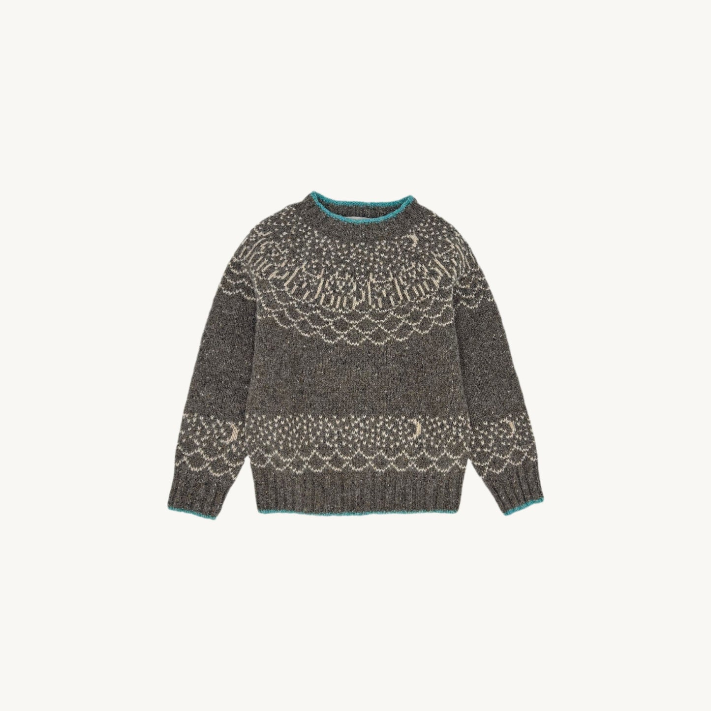 Flatbed Photograph of a Little Bosie children's owl and the pussy cat rustic glenugie nep lambswool sweater jumper in staffa brown