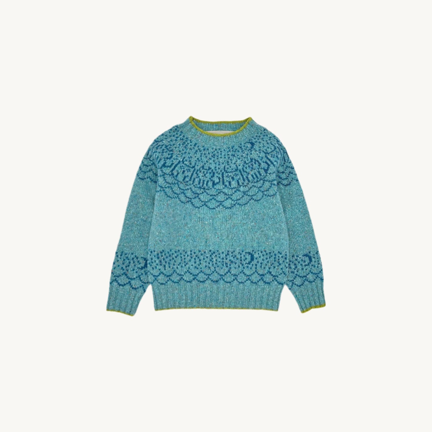 Flatbed Photograph of a Little Bosie children's owl and the pussy cat rustic glenugie nep lambswool sweater jumper in Uist Aqua Blue