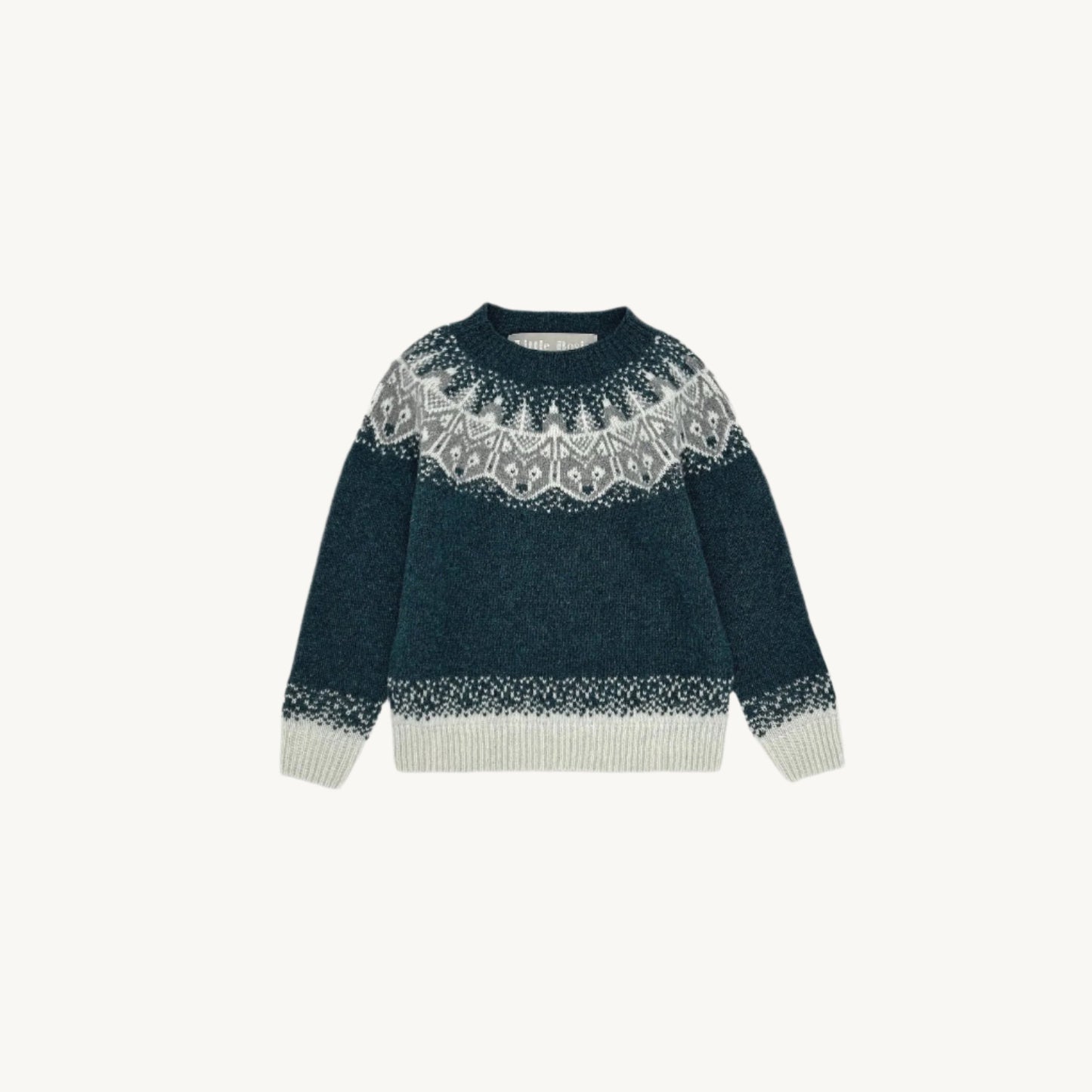 Flatbed Photograph of a Little Bosie girl's peter and the wolf fairisle yoke geelong navy lambswool sweater jumper