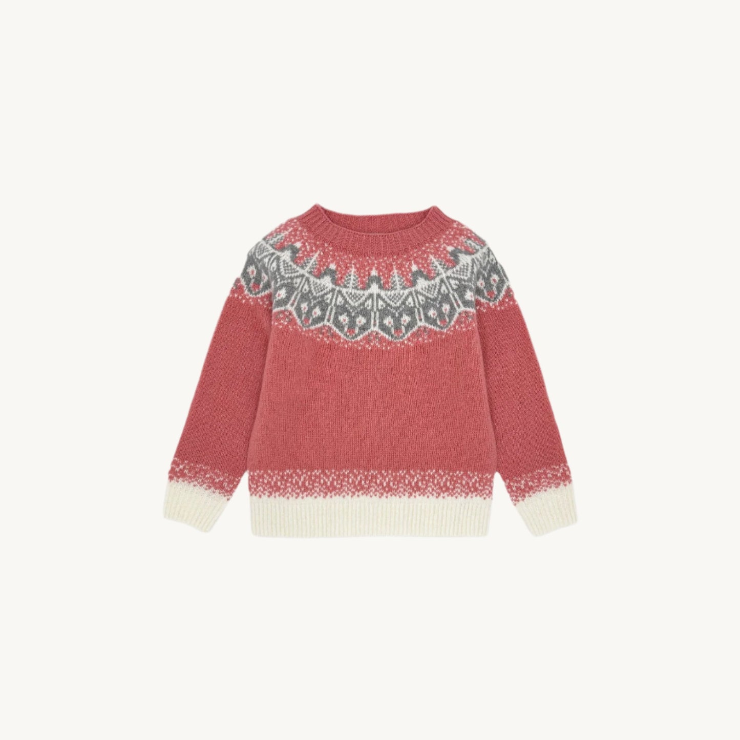 Flatbed Photograph of a Little Bosie girl's peter and the wolf fairisle yoke geelong sand rose pink lambswool sweater jumper