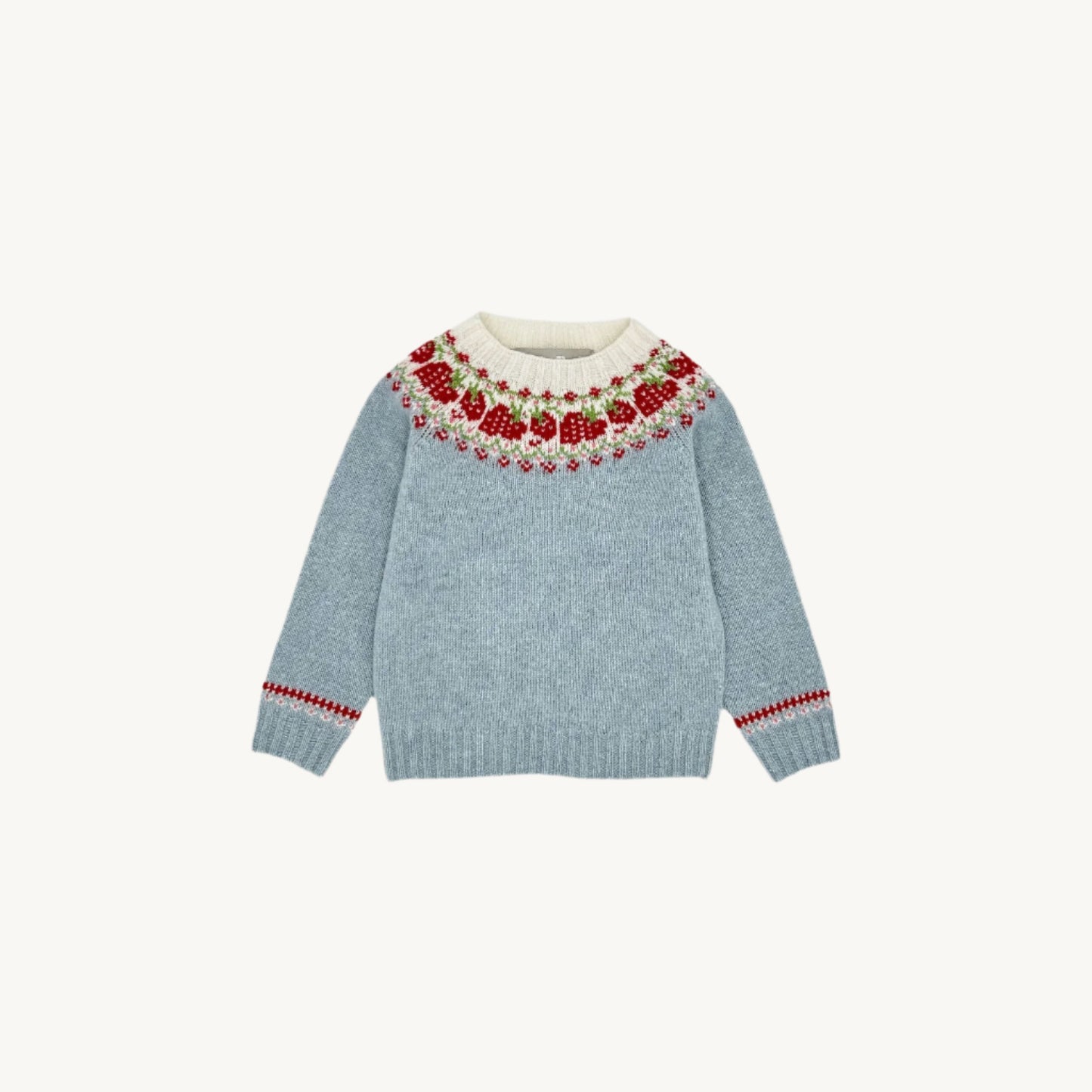 Flatbed Photograph of a Little Bosie girl's strawberries fairisle yoke geelong haar blue lambswool sweater jumper