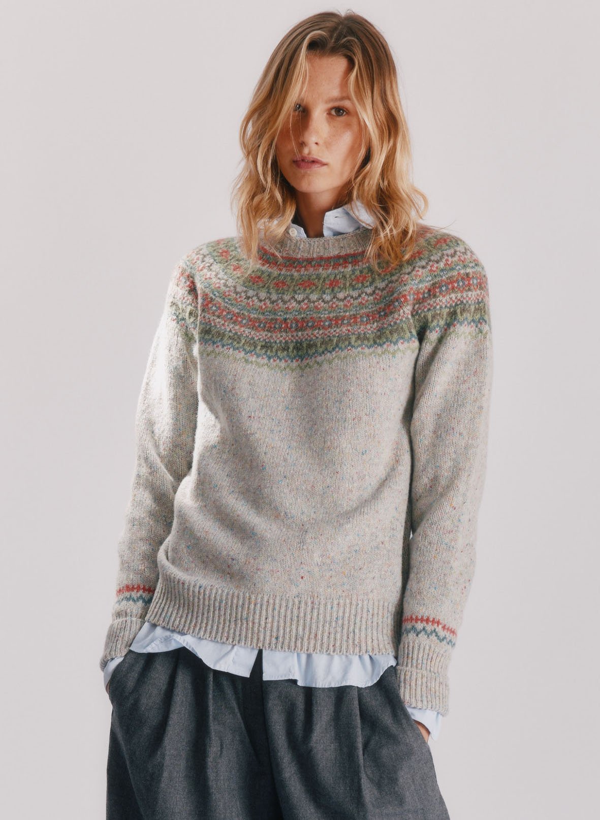 Woman wearing a Machair Silver Bosie Crofter Glenugie Nep Fairisle Yoke Sweater