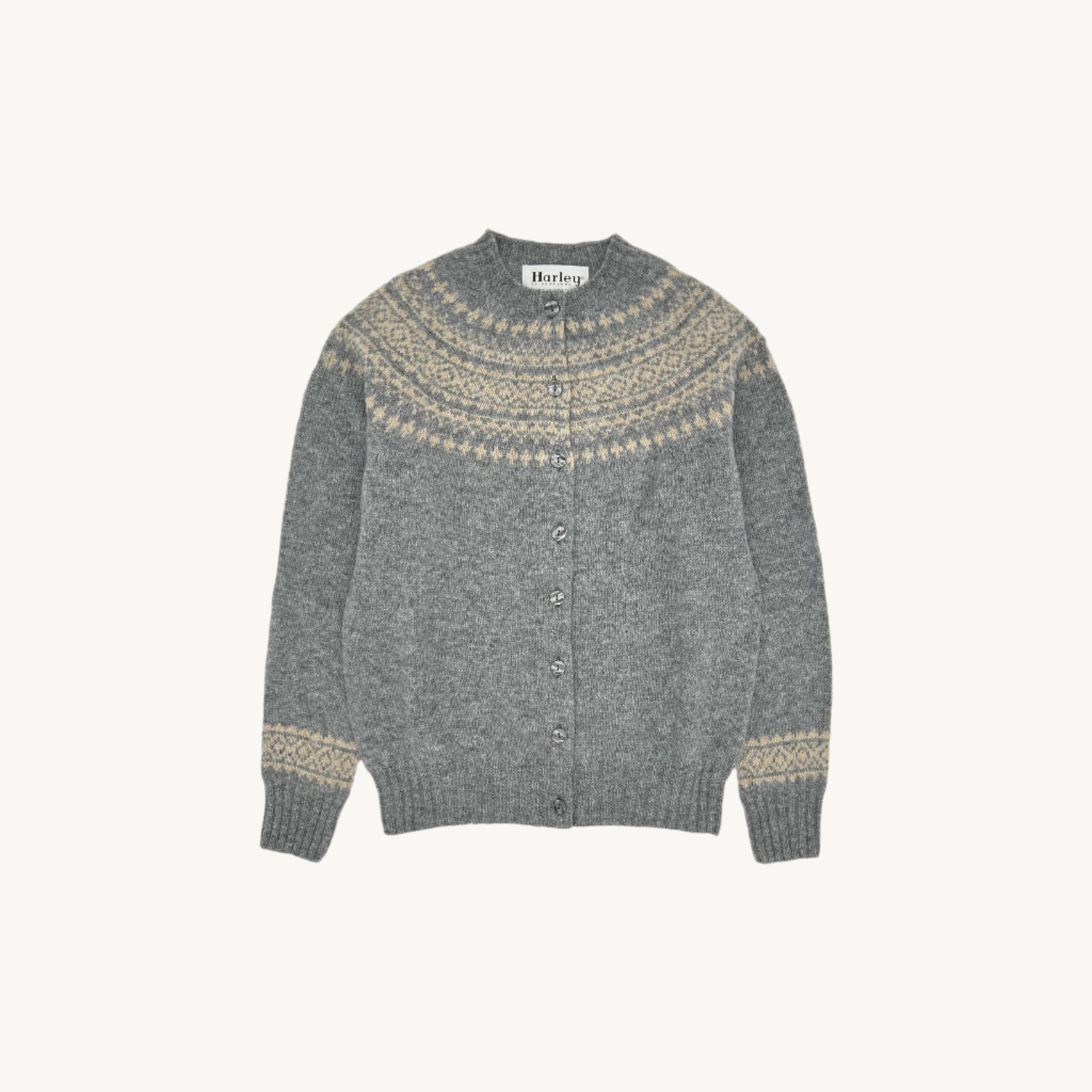 An image of Harley of Scotland Hara Yoke Fair Isle Women's Cardigan - Med Grey - Med Grey / ...