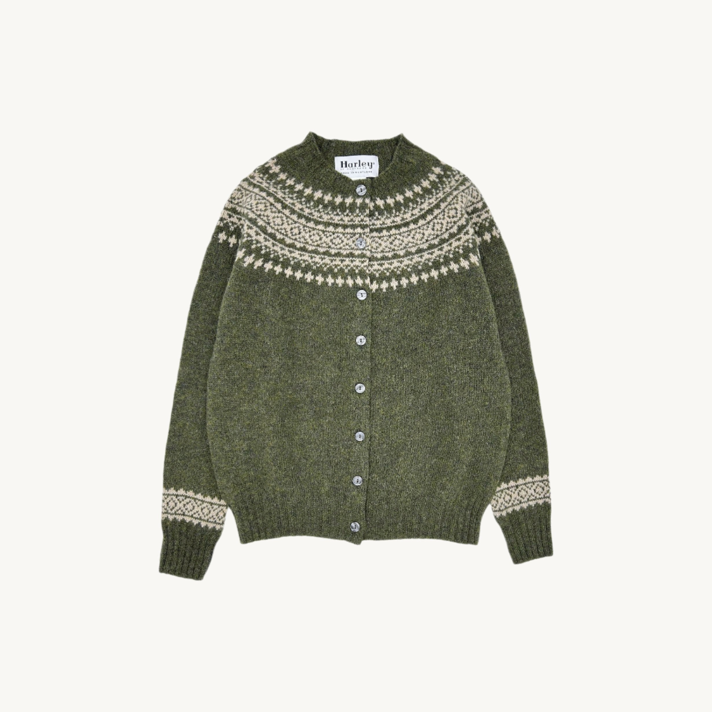 An image of Harley of Scotland Hara Yoke Fair Isle Women's Cardigan - Pineshadow Green - Pin...