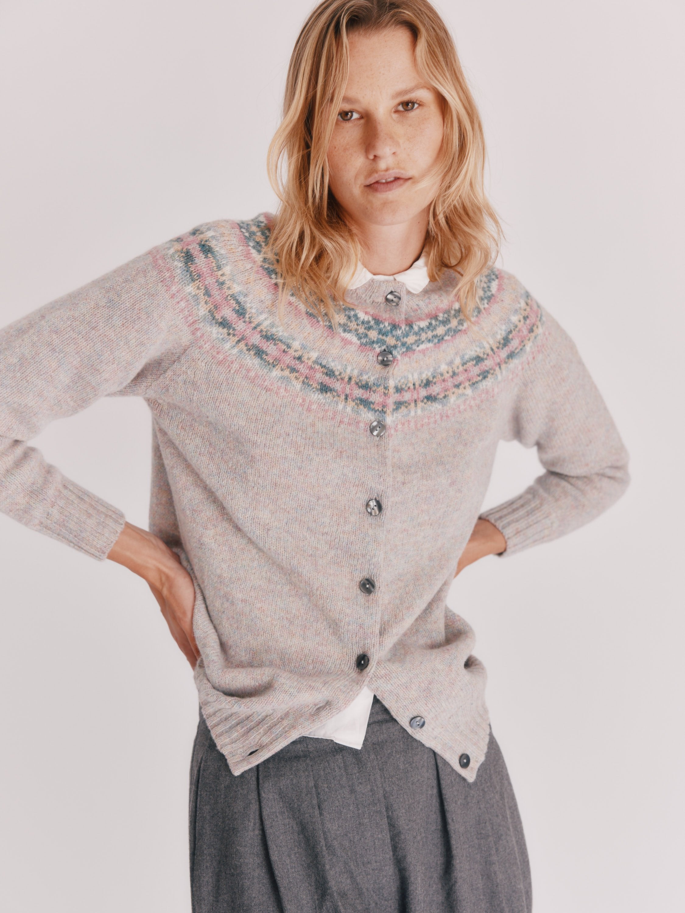 An image of Skye Yoke Fair Isle Women's Cardigan - Ugie Pearl - Ugie Pearl / XL