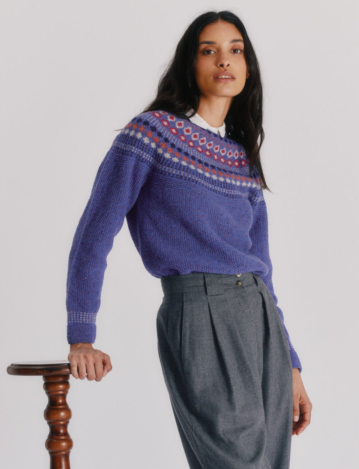 Shieling Fair Isle Moss Stitch Glenugie Nep Womens Sweater - Vatarsay Violet