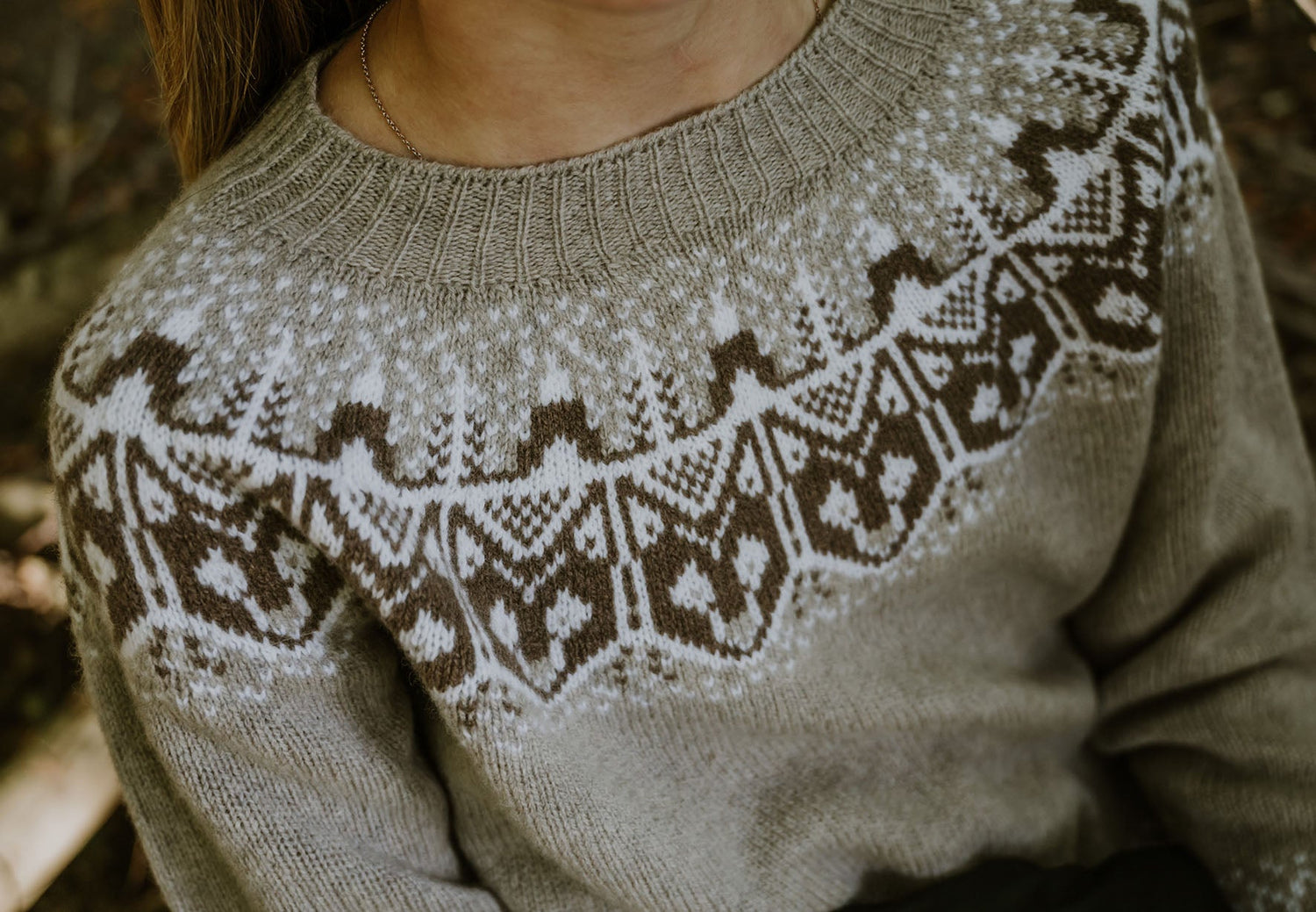 Girl in a Little Bosie Yoke Tales Peter and the Wolf Seamless Geelong Lambswool Sweater by Bosie Knitwear