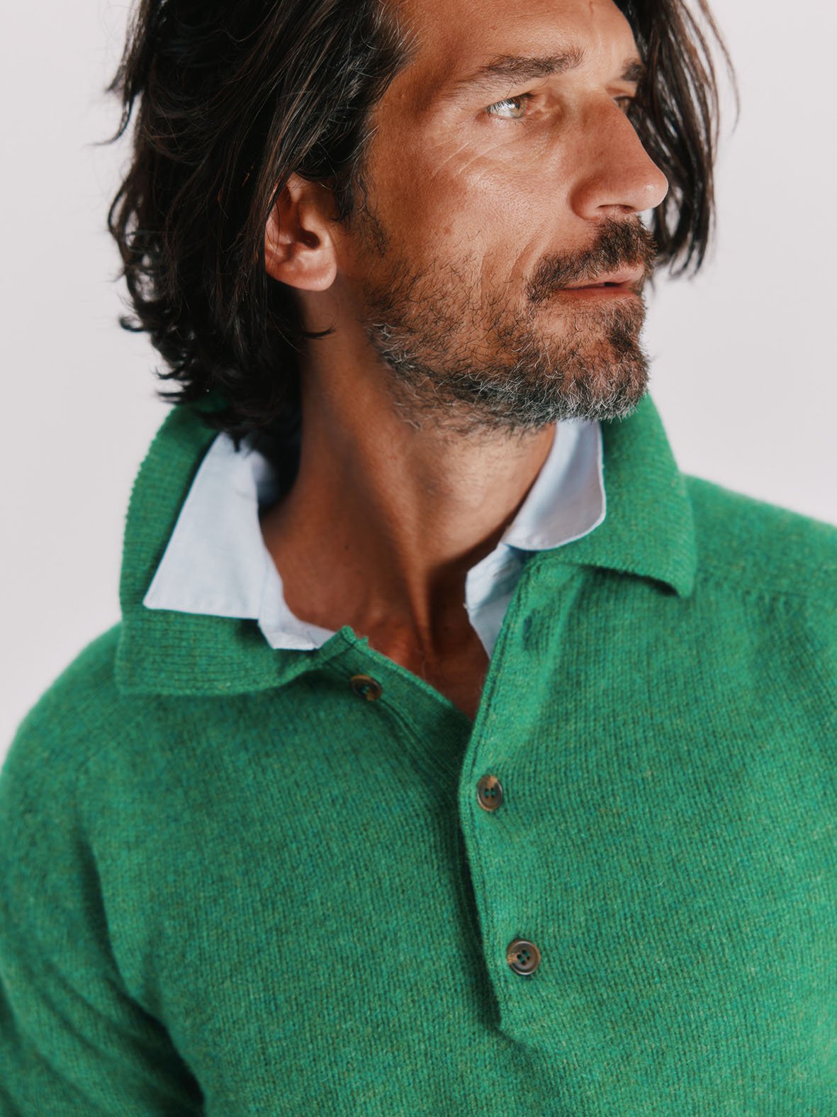 Man in an Eton Collar Harley of Scotland Shetland Sweater Jumper in Kelly Green by Bosie Knitwear